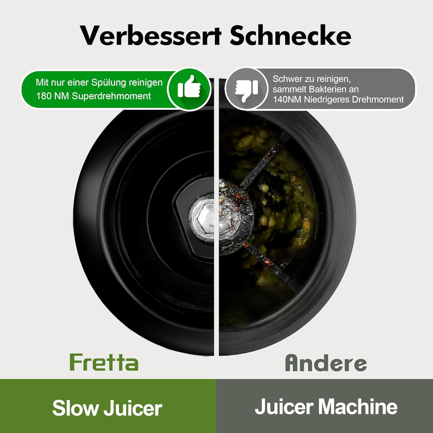 Fretta Entsafter Slow Juicer Entsafter Gemüse und Obst Testsieger, 250W Edelstahl Entsafter Maschine, elektrische Fruchtpresse, Kaltpressung, 130mm große Öffnung, leicht zu reinigen (Edelstahl) – Bild 9