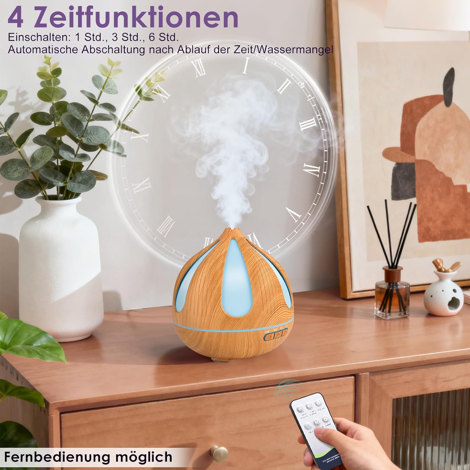 GuKKK Aromadiffusor, 500 ml Ultraschall-Luftbefeuchter mit Fernbedienung, Aromatherapie-Düfte Luftbefeuchter, 7 Farben LED, Fernbedienung mit Timer-Einstellung, für Schlafzimmer, Büro (Helle Holzfarbe) – Bild 3