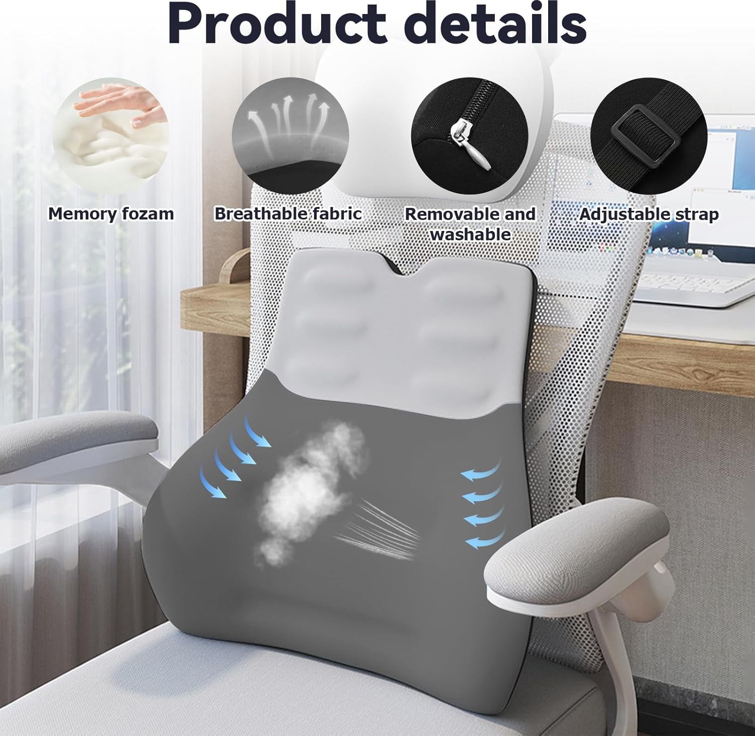 Lendenkissen zur Linderung von Schmerzen im unteren Rücken, atmungsaktives Lendenkissen aus ergonomischem Memory-Schaum-Kissen, Lendenwirbelstütze für Auto und Bürostuhl mit verstellbaren Doppelgurten – Bild 3