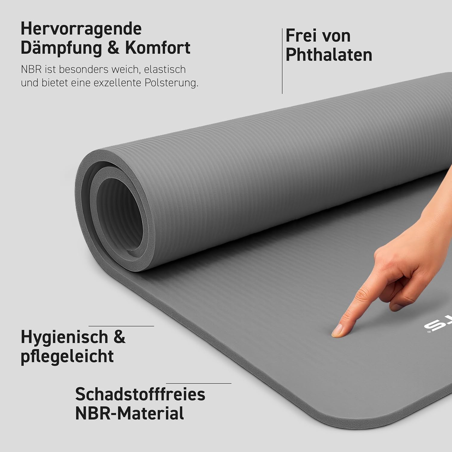 MSports Premium Gymnastikmatte inklusive Tragegurt + Übungsposter + Workout-App – hautfreundliche Fitnessmatte, 190 x 60, 80 oder 100 x 1,5 cm, verschiedene Farben, phthalatfreie Yogamatte, grau, 190 x 80 x 1,5 cm – Bild 2