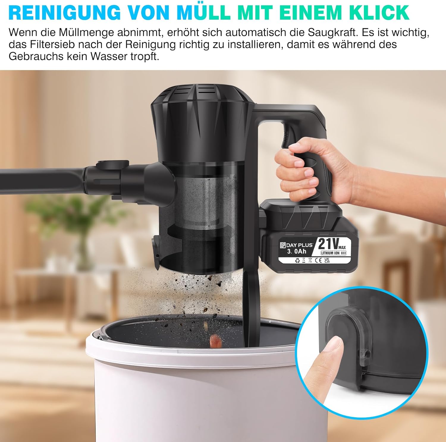 Akku-Staubsauger, 35000PA/450W/40min Staubsauger, 6-in-1-Staubsauger, Handstaubsauger mit HEPA-Filter, 3000-mAh-Akku, Ultraleichter Staubsauger kabellos für Hartböden, Teppiche, Tierhaare – Bild 8