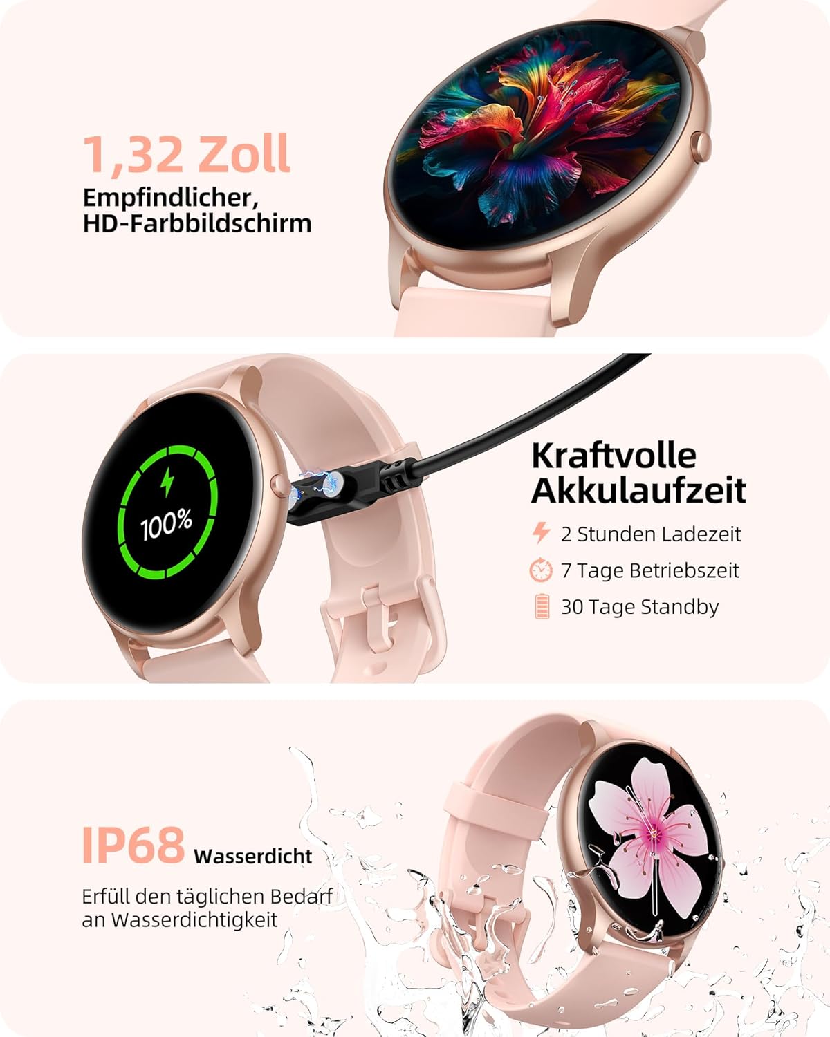 Parsonver Damen Runde Smartwatch mit Telefonfunktion, leichte Fitnessuhr Damen mit Schrittzähler, 100+ Sportmodi, IP68 wasserdicht, Sportuhr Damen mit Herzfrequenz-Schlafmonitor, SpO2, Roségold, SPROD1 – Bild 7