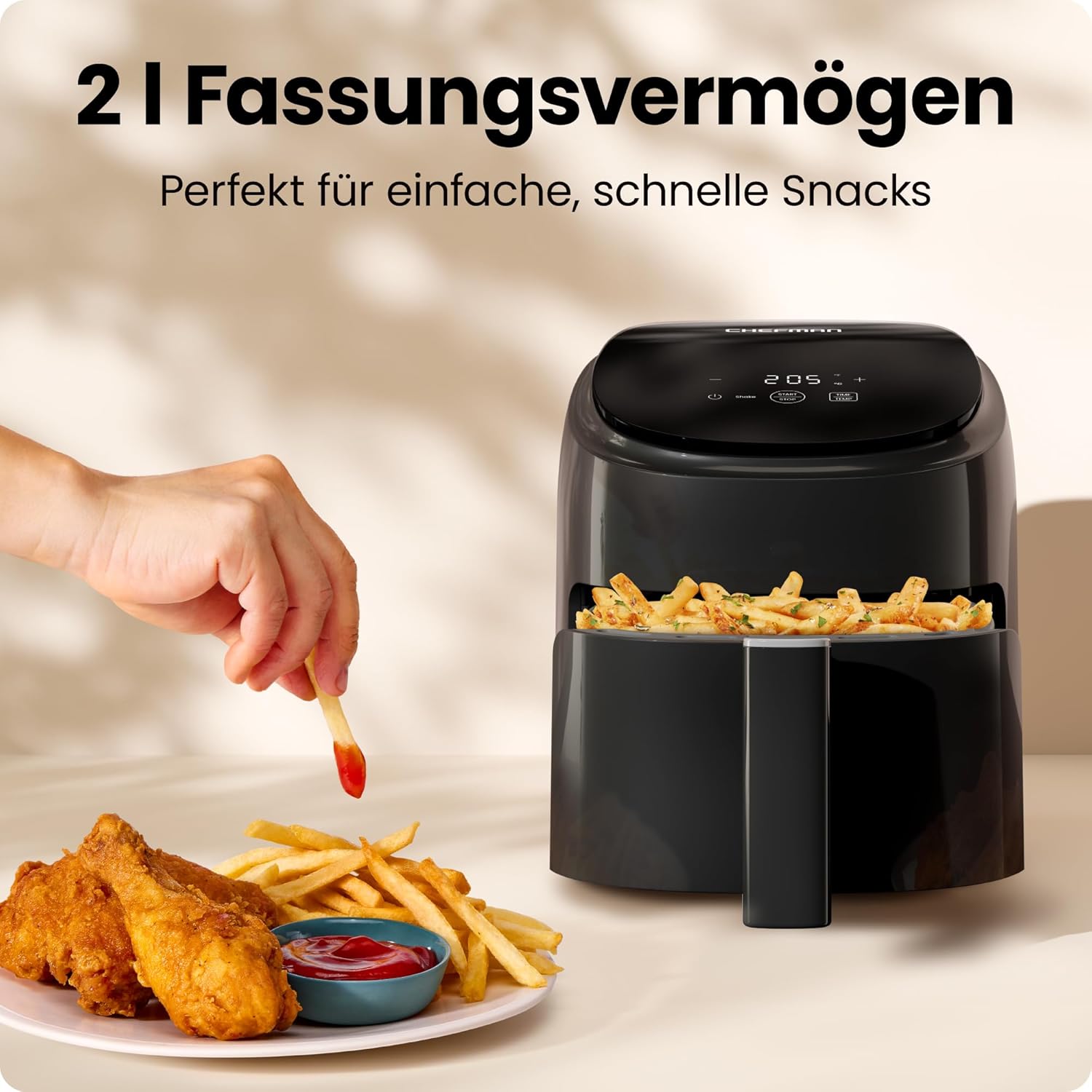 Chefman 2L Mini-Heißluftfritteuse – kompakte und platzsparende Airfryer, antihaftbeschichteter Korb, Essenszubereitung in wenigen Minuten, digitaler Timer und Schüttelanzeige – Schwarz – Bild 5