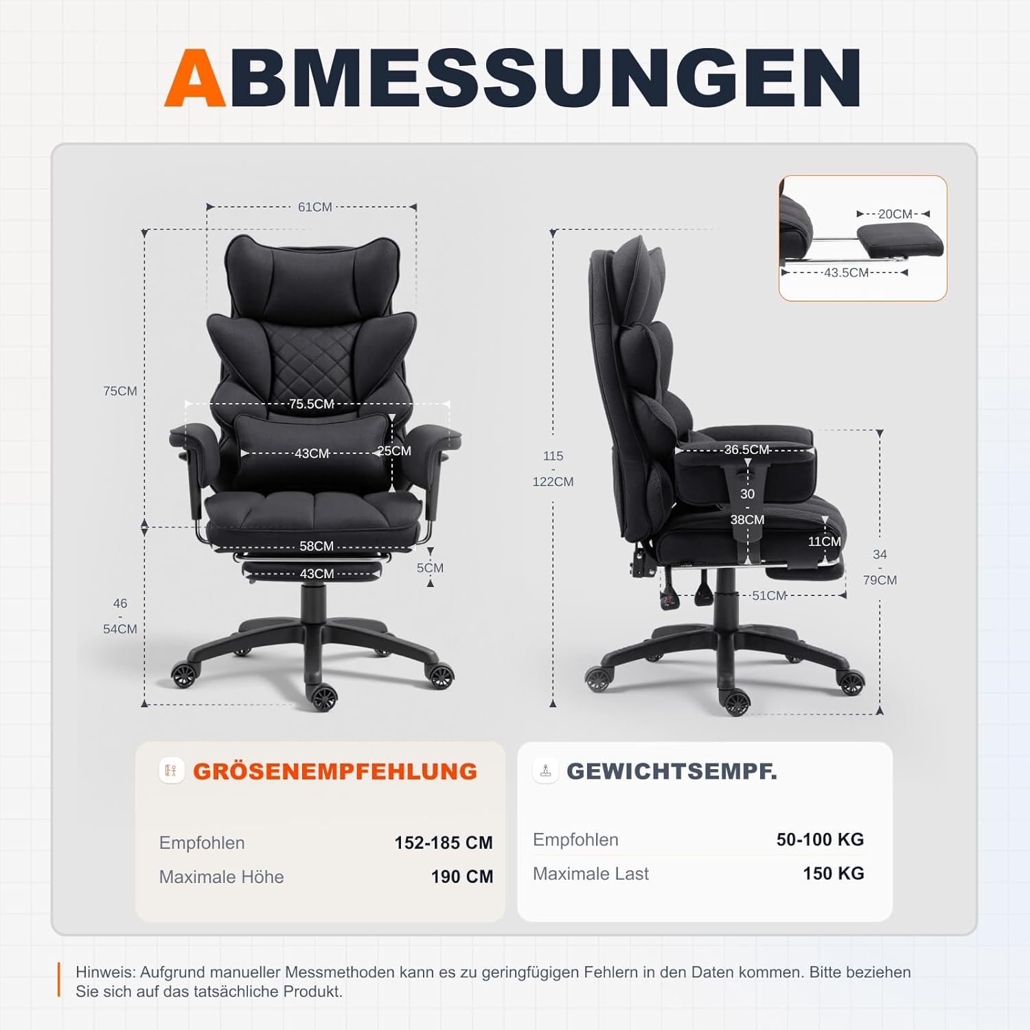 Dowinx Gaming Stuhl, Bürostuhl Ergonomisch mit Taschenfeder-Kissen, Chefsessel mit doppellagiger weicher Rückenlehne und verstellbaren Lendenkissen, Armlehnen und Fußstütze, Stoff-Schwarz – Bild 3