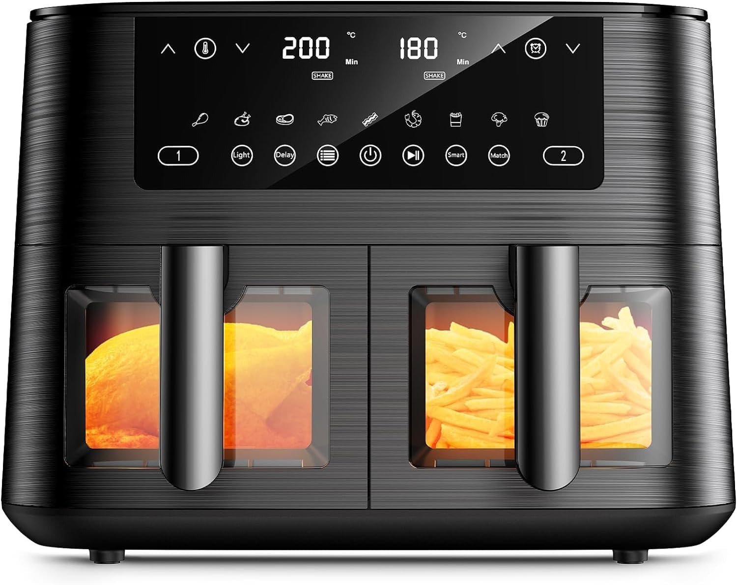 Heißluftfritteuse, 2 Kammern mit Sichtfenster, 9 l Airfryer, 2 Fächer, 9-in-1, Touchscreen, spülmaschinenfeste Körbe, antihaftbeschichtete Fritteusenkörbe, gesunde Fritteuse ohne Öl und fettarmes Kochen
