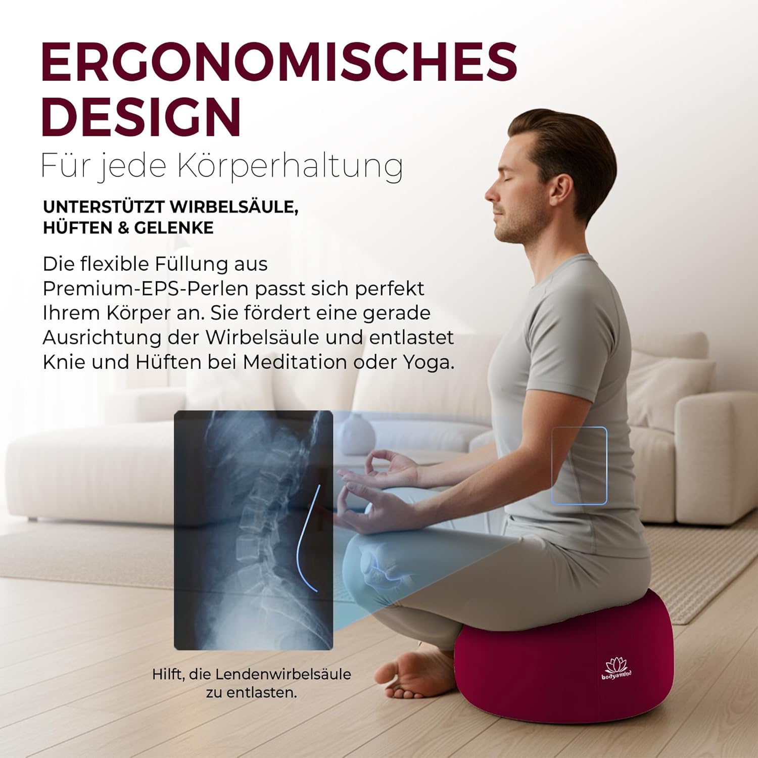 Body & Mind® Yogakissen Meditationskissen Bodensitzkissen Auflage für Meditation & Yoga; Waschbarer Bezug und atmungsaktive Premium-Füllung; 18 cm Sitzhöhe – Bild 3