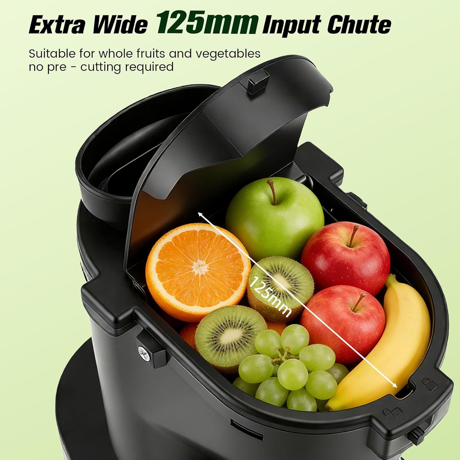 Slow Juicer 500 W, elektrischer Entsafter mit 125 mm breitem Einfüllrohr, Entsafter Gemüse und Obst Testsieger für ganze Früchte und Gemüse, BPA-frei, inklusive 2 Behältern, Pinsel und Saftrezepten – Bild 4