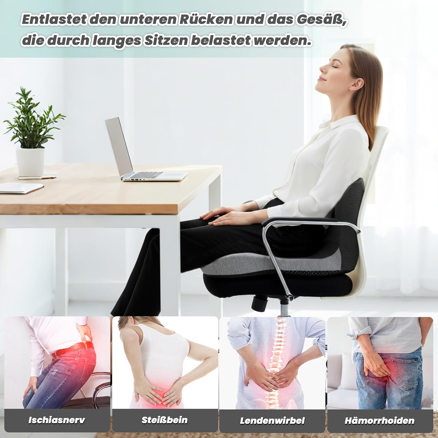 Urban Deco Orthopädisches Sitzkissen mit Rückenlehne, ergonomisches Memory-Schaum-Rückenstützkissen, Stuhlkissen für Bürostuhl, Autositz, Rollstuhl, Büro, Auto, Schwarz & Grau, 1 Stück – Bild 4