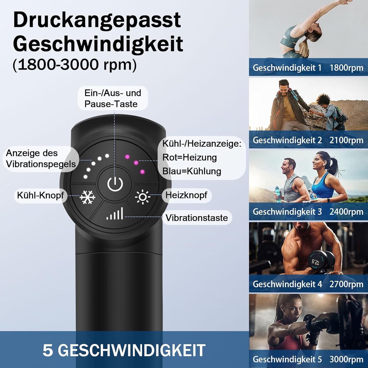 Massagepistole mit Wärme & Kältetherapie, 0,78 kg leise Massagepistole mit 5 Aufsätzen & 5 Intensitätsstufen, 12mm Amplitude & 45 lbs Standkraft – Tiefengewebemassage – Bild 9