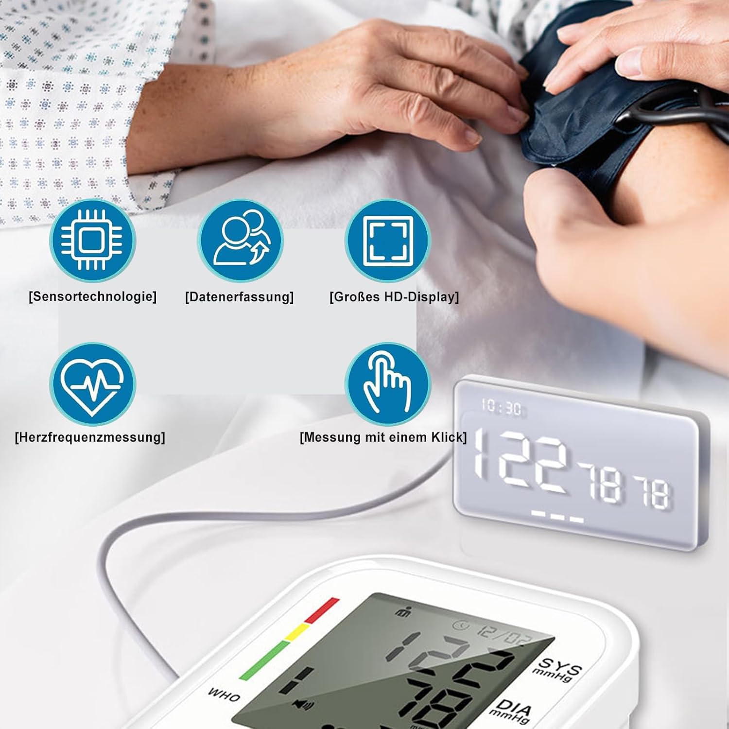 Blutdruckmessgerät, Oberarm-Blutdruckmessgerät, digitales Blutdruckmessgerät für den Heimgebrauch, Arrhythmie-Erkennung, Pulsmessung, Risikoanzeige, LED-Anzeige – Bild 2