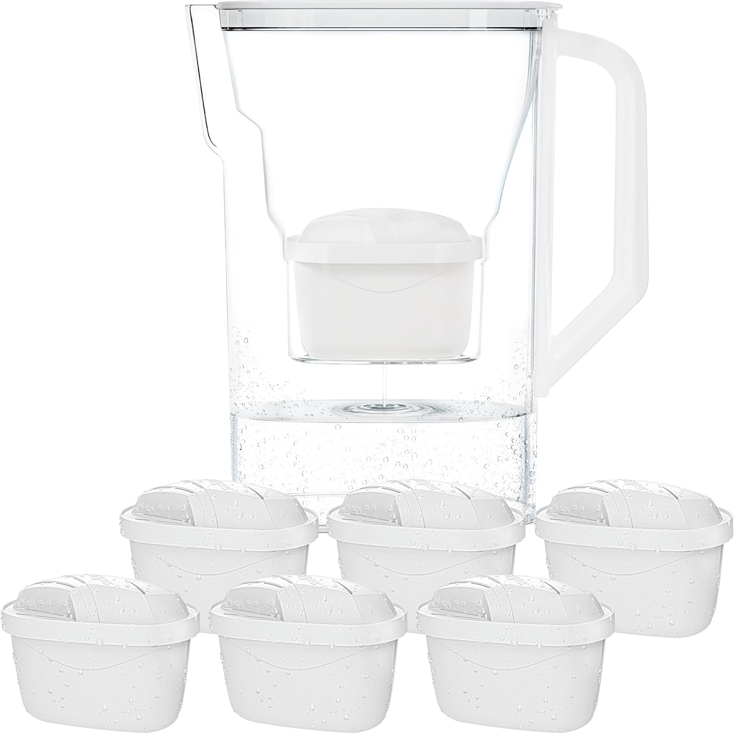 Wessper Wasserfilterkanne mit Filter, Kühlschranktürkanne 2,7 Liter, Filterkartuschen mit Aktivkohle und Ionenaustauschharz, Set Kanne und 6 Wasserfilter, Weiß