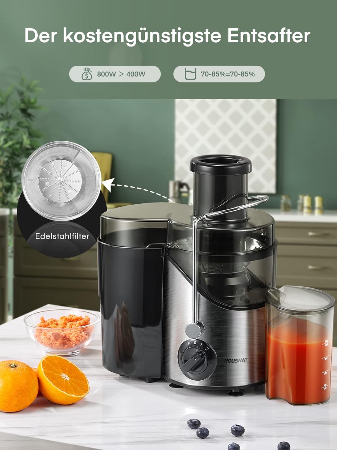 HOUSNAT Entsafter Gemüse und Obst, max. 800 W, Edelstahl-Entsafter-Maschine mit 3 Geschwindigkeitsstufen, 65 mm großer Mund-Einfüllschacht, Zentrifugal-Entsafter, leicht zu reinigen, BPA-frei, 400 W – Bild 3