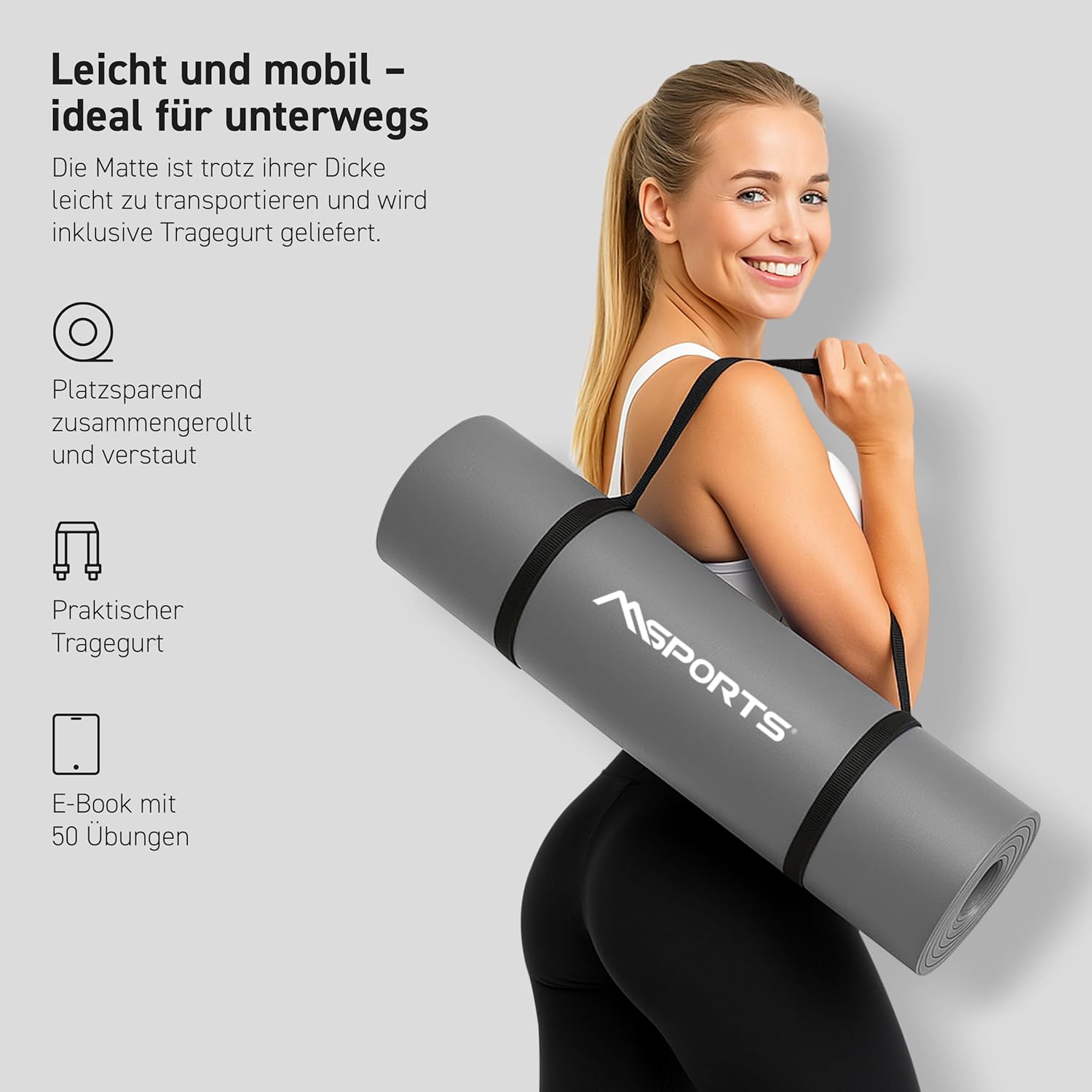 MSports Premium Gymnastikmatte inklusive Tragegurt + Übungsposter + Workout-App – hautfreundliche Fitnessmatte, 190 x 60, 80 oder 100 x 1,5 cm, verschiedene Farben, phthalatfreie Yogamatte, grau, 190 x 80 x 1,5 cm – Bild 3