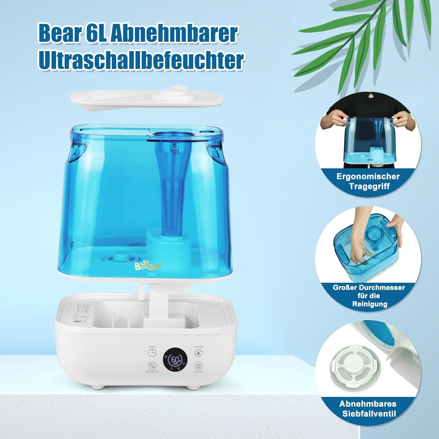 Bear Luftbefeuchter 6L Top Fill Luftbefeuchter, Timer, Schlafmodus, konstante Luftfeuchtigkeit, Aromascheibe, 360° drehbare Doppeldüse, 28 dB Ultra Silent, geeignet für Babys und Pflanzen – Bild 4