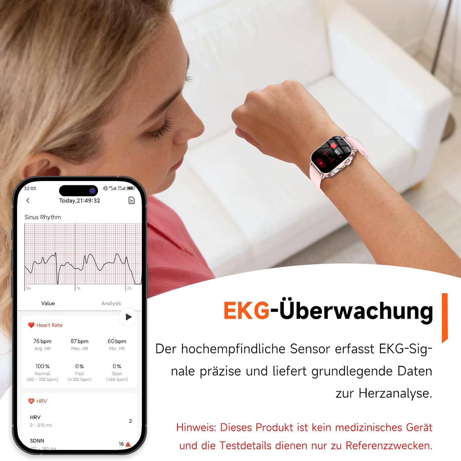 Damen-Smartwatch mit EKG-/Schlafmonitor, BMI, HRV, LED-Licht, 2,0 Zoll, Gesundheitsuhr mit 24-Stunden-Blutdruckmessung, SpO2, Harnsäure, Herzfrequenzmesser, Körpertemperatur, SOS-Notruf, Fitness – Bild 2