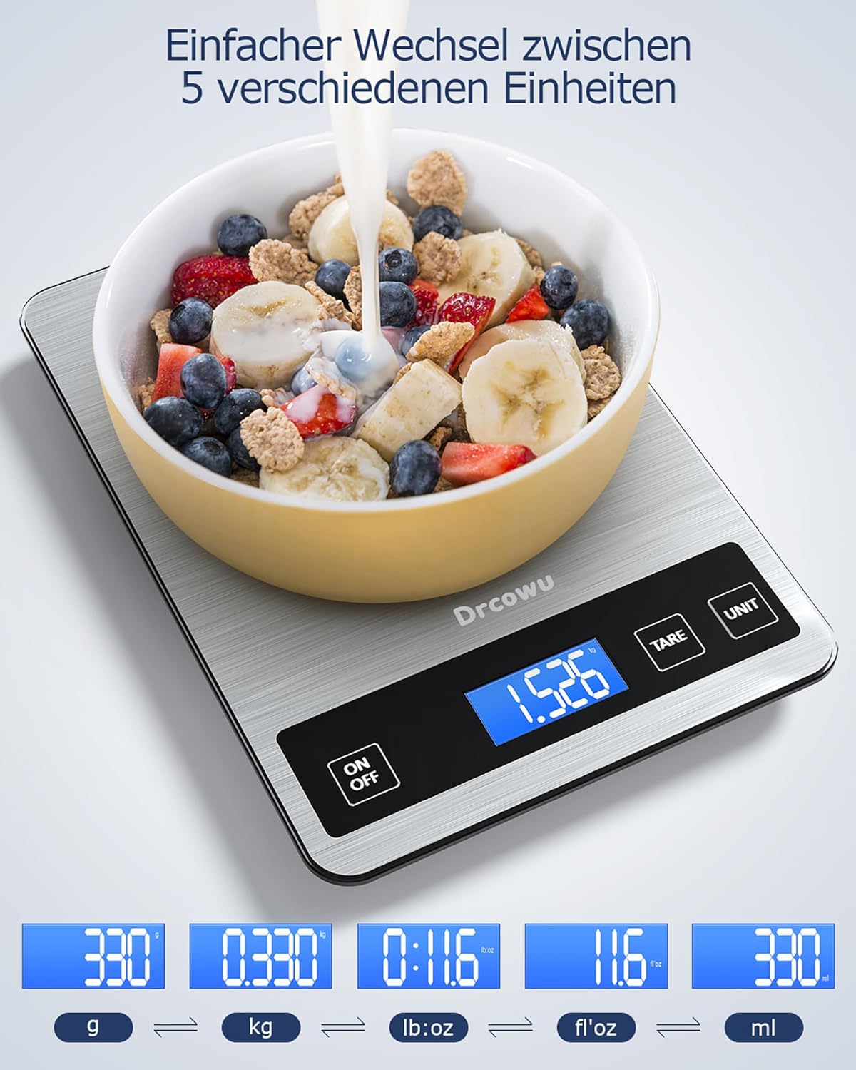 Küchenwaage digital 15 kg, Küchenwaage digital wasserdicht mit LCD-Display, multifunktionale Lebensmittelwaage, hohe Präzision bis 1 g, Tara-Funktion, Touch-Taste, großes Edelstahl-Panel – Bild 2