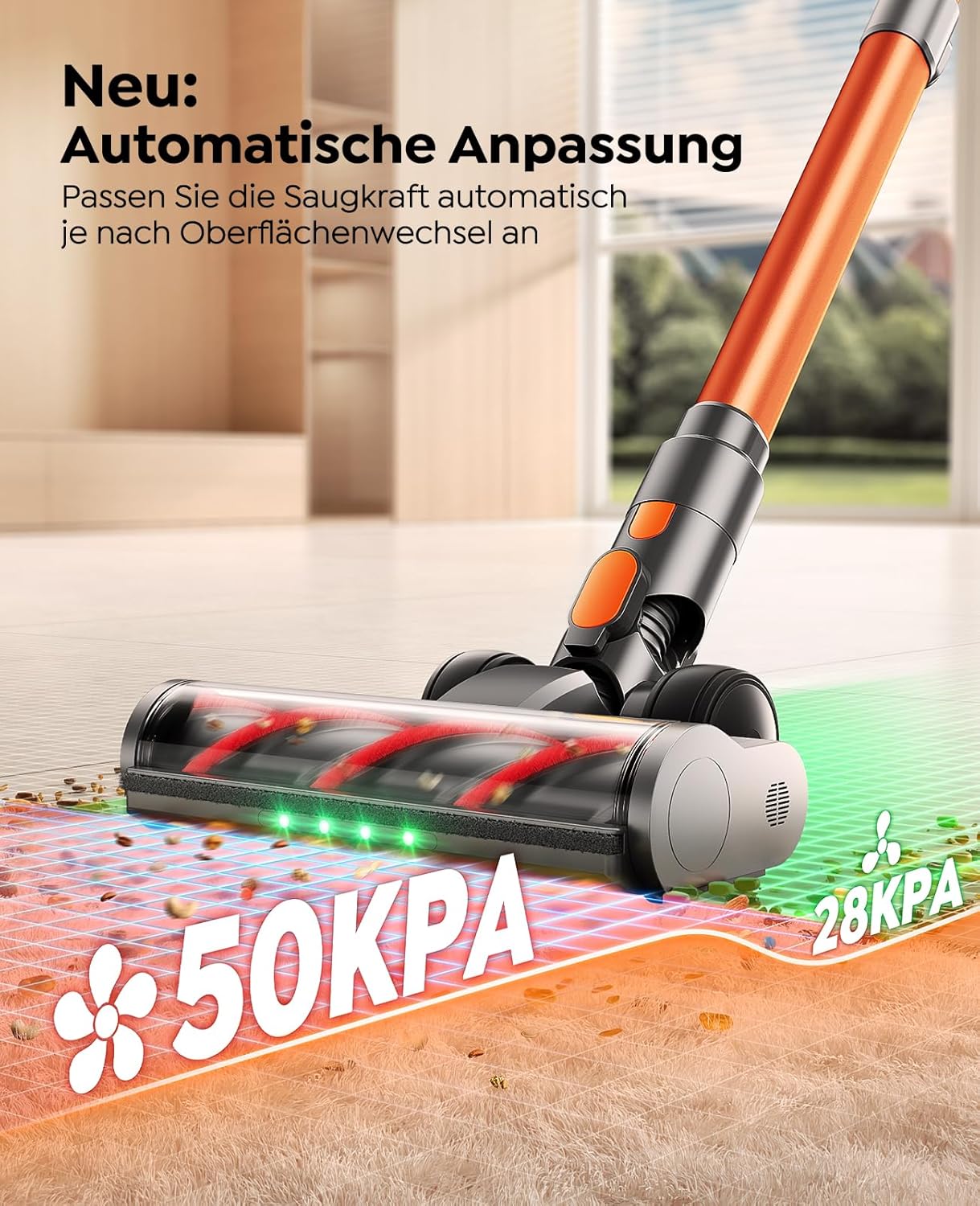 Fieety Akku-Staubsauger, 600 W/50 kPa/65 Min, kabelloser Staubsauger mit Wandladestation, Aromatherapie, Automatikmodus, flexibles Biegegelenk, 1 m Schlauch für Hartböden, Teppiche, Tierhaare, Auto – Bild 6