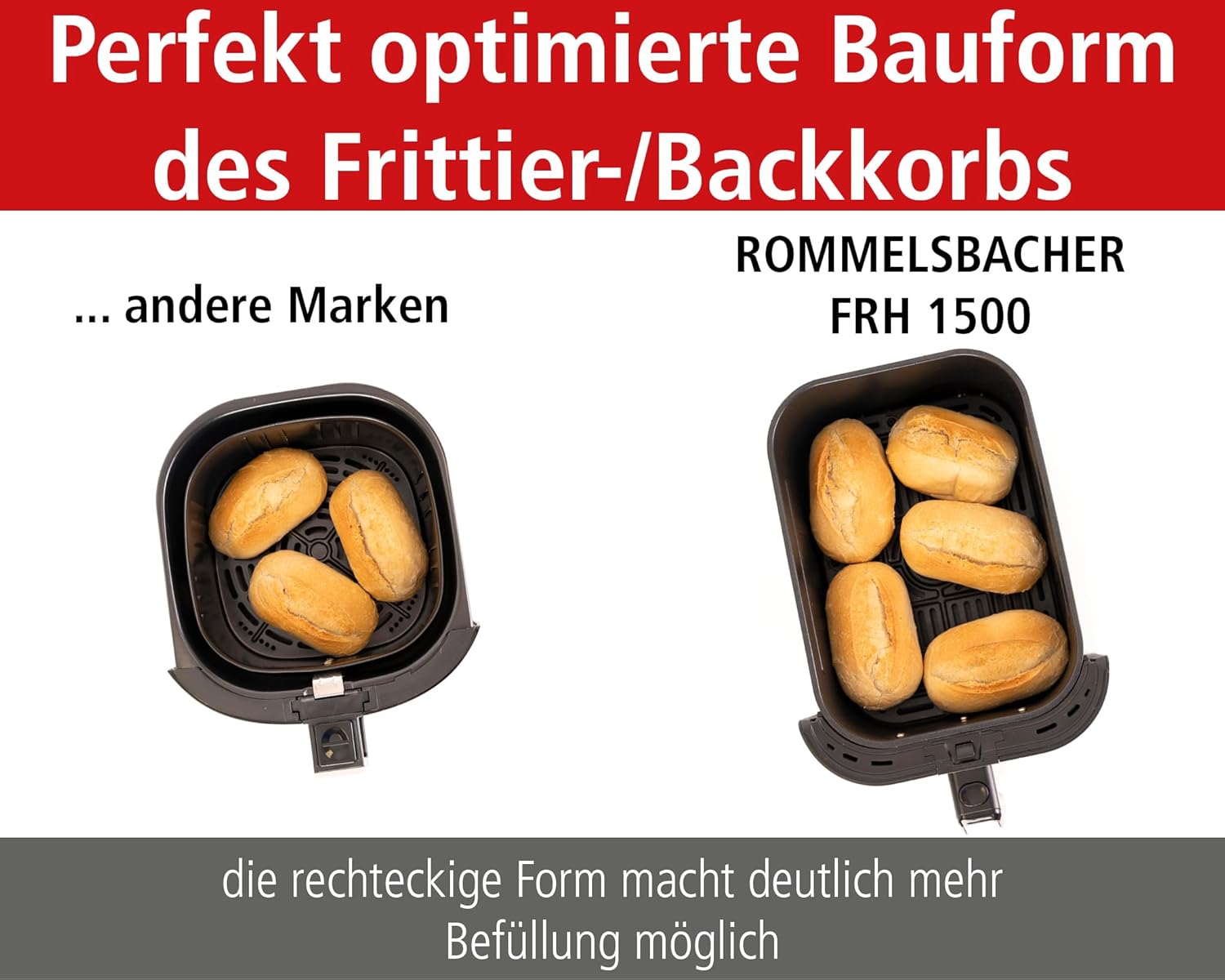 ROMMELSBACHER Heißluftfritteuse FRH 1500, XL-Backraum 5 Liter (ca. 18 x 26 cm) für 800 g Chips, sehr leiser Betrieb 45 dB (A), 5 Programme + 4 Temperaturstufen, platzsparendes rechteckiges Design – Bild 5