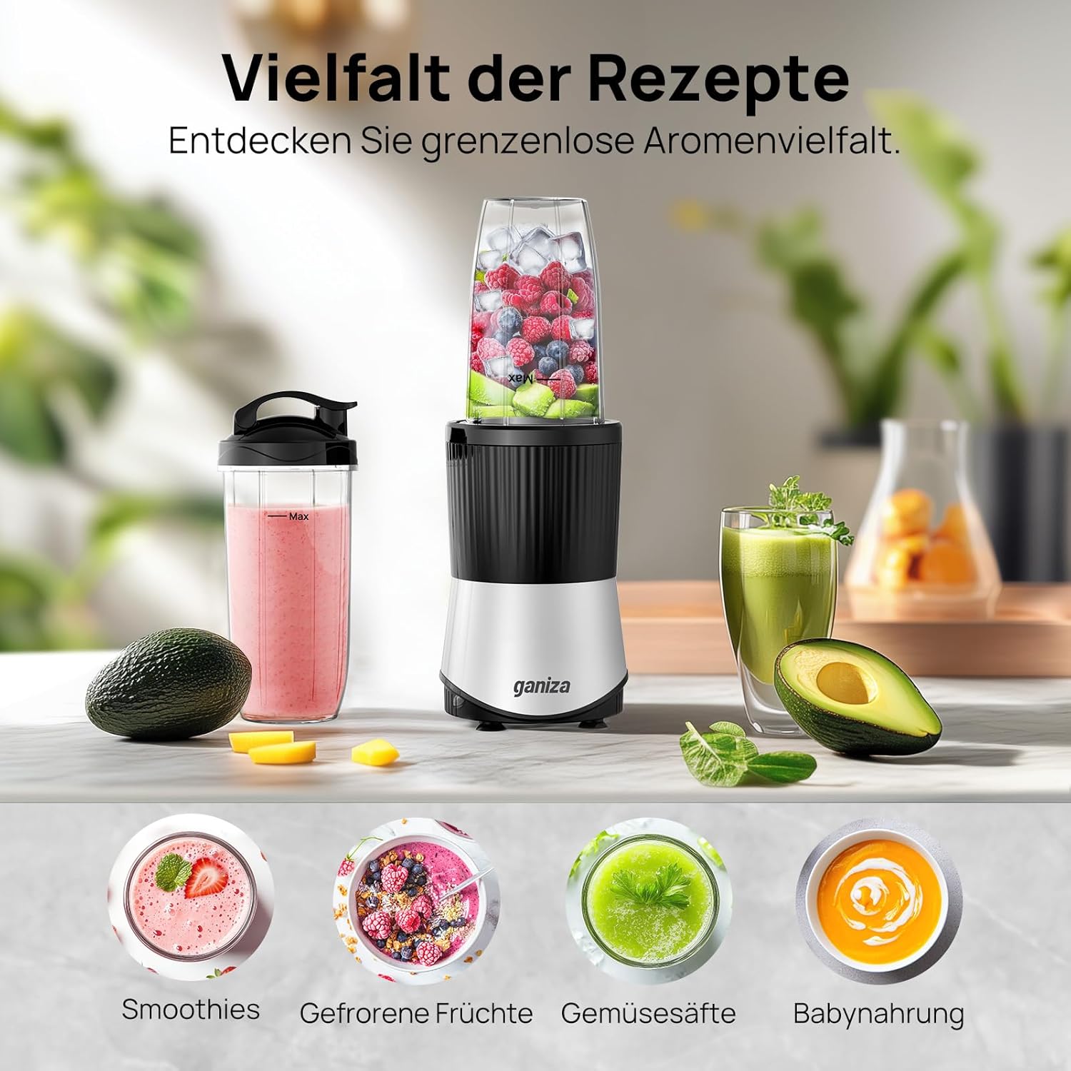 Ganiza Smoothie Maker, 900 W Mini-Standmixer, Mixer mit 25.000 U/min, 3 Tritan-To-Go-Becher (300 ml, 500 ml und 700 ml), 4 asymmetrische Klingen, für jede Art von Shake und Smoothie, Silber/Schwarz – Bild 7