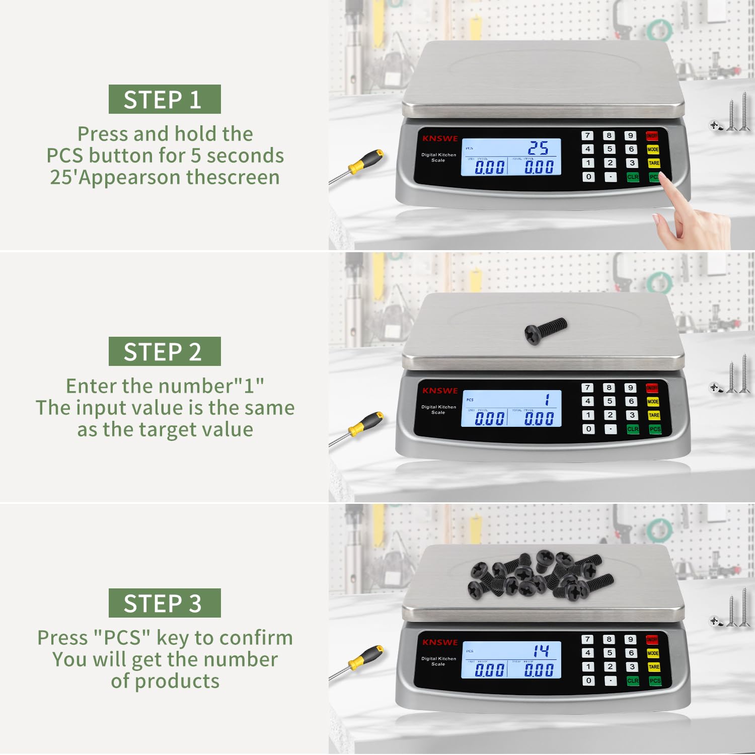 Küchenwaage 40 kg/1G, professionelle digitale Küchenwaage, große Edelstahl-Lebensmittelwaage, Obstwaage mit Tara-Funktion, PCS-Zählwaage, LCD-Display und 5 Maßeinheiten, Silber – Bild 7