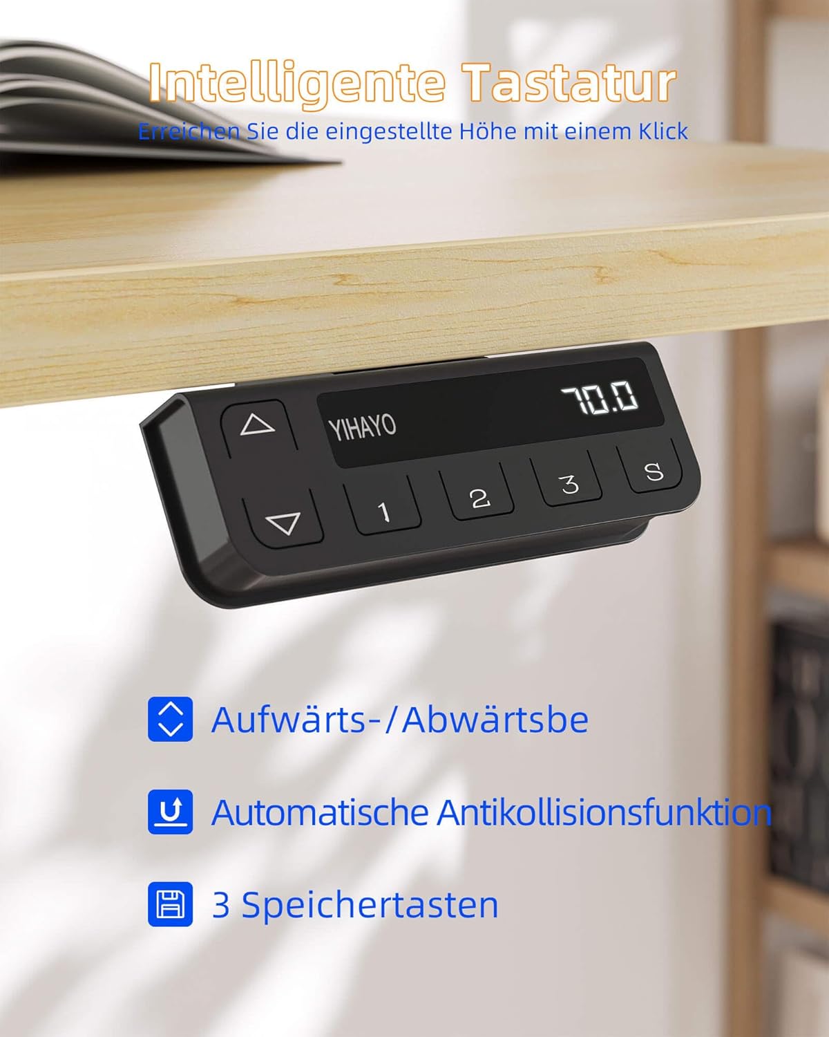 YIHAYO Höhenverstellbarer Schreibtisch mit Schubladen und Monitorständer, 140 x 60 cm, elektrischer Schreibtisch, Stehpult mit Memory-Funktion, Natur – Bild 7