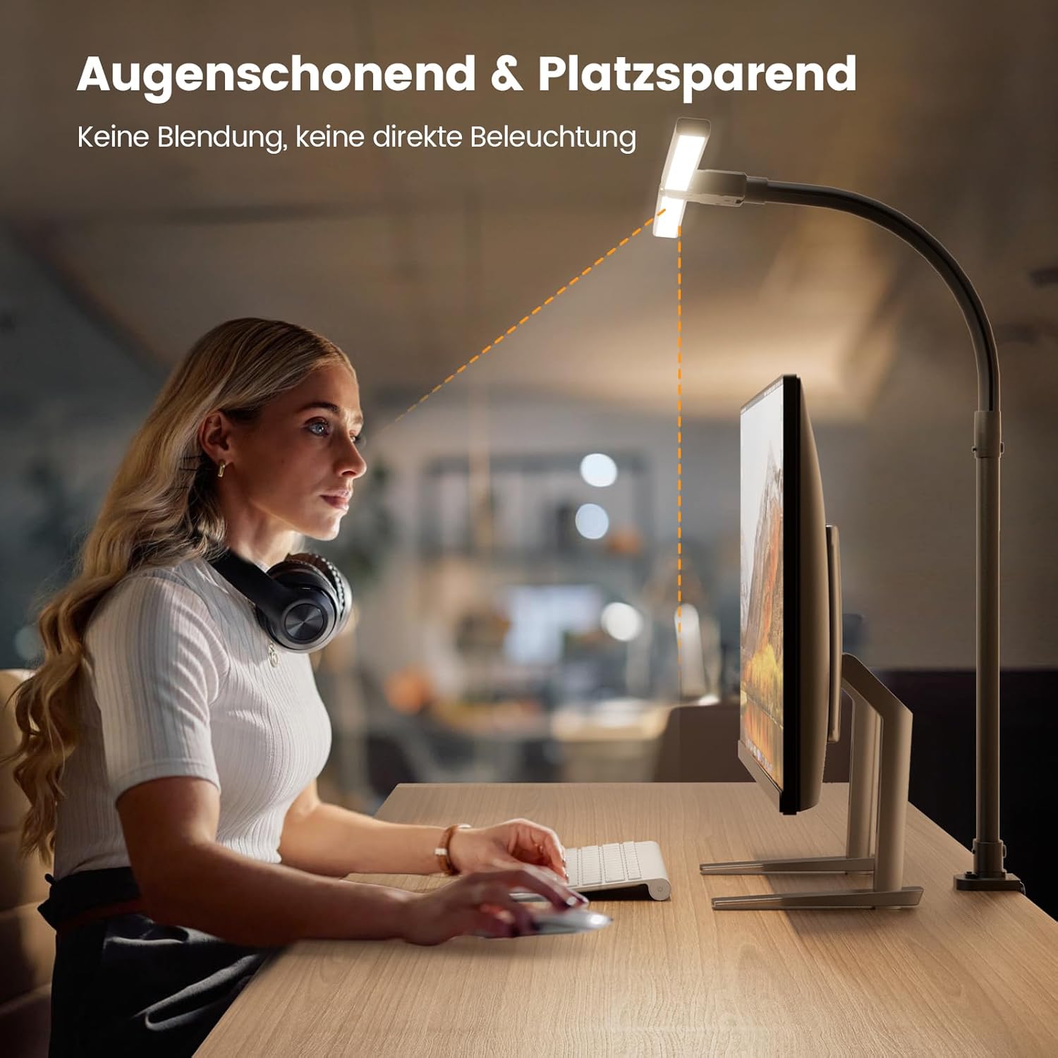 Doppelkopf Schreibtischlampe LED, 24W 76cm Schreibtischlampe Klemmbar für Home Office, 3200K-6500K Schwanenhals Büro Tischlampe Augenschutz Arbeitsplatzleuchte Monitorlampe PC Lampe (Schwarz) – Bild 6