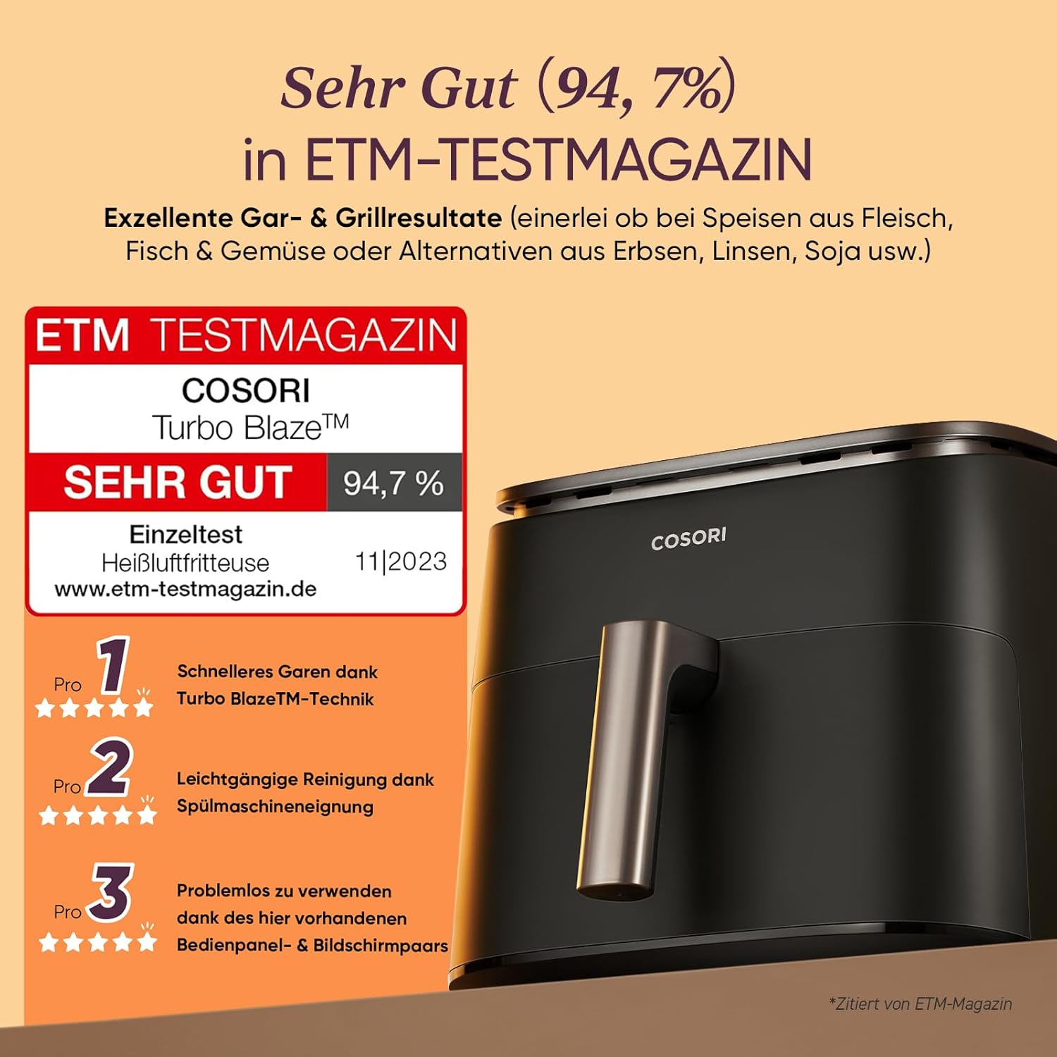 Cosori TurboBlaze Airfryer, 9-in-1-Luftfritteuse XXL 6L, leiser Gleichstrommotor mit 5 Lüftergeschwindigkeiten, Braten, Grillen, Backen, Garen, Dörren, Tiefkühlen, 87 Rezepte, 64 % Energieeinsparung, 95 % weniger Öl, gleichmäßige und knusprige Ergebnisse