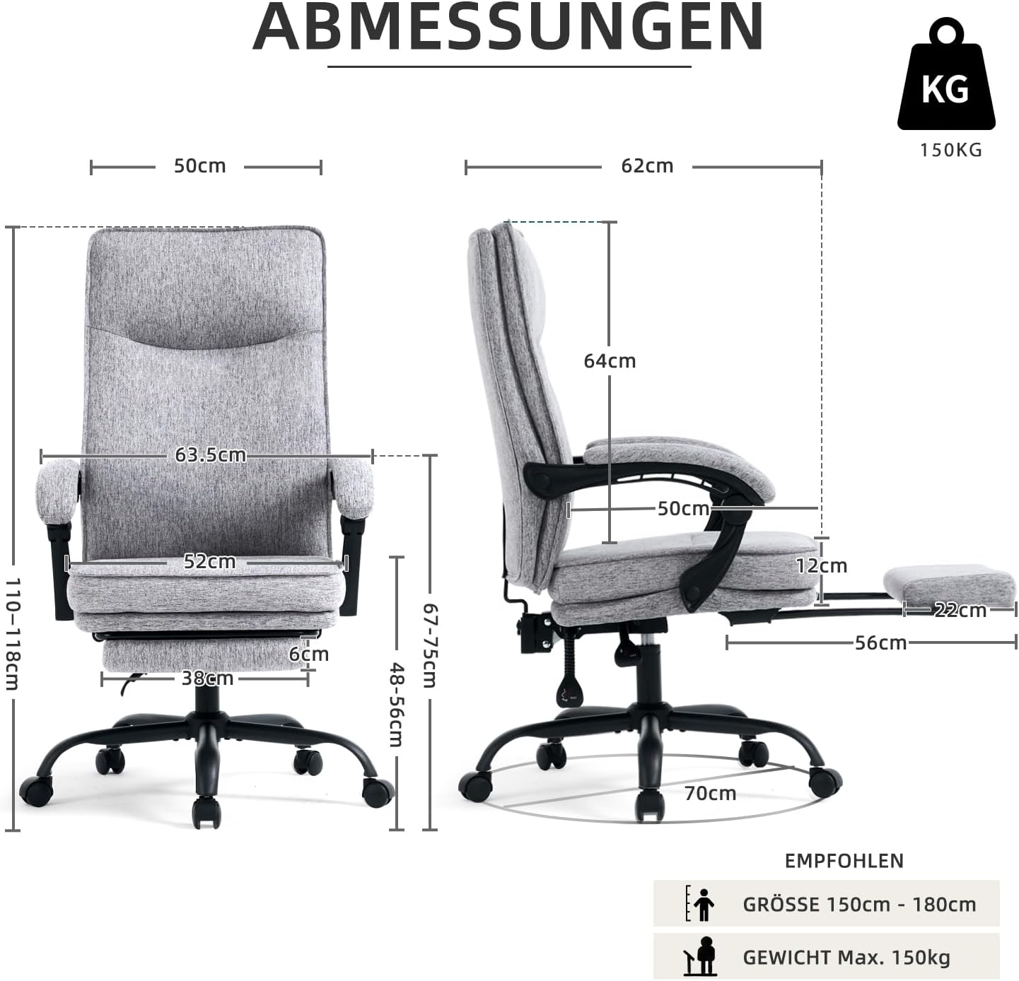 MZLEE Ergonomischer Bürostuhl, Schreibtischstuhl mit Fußstütze, 90-135° neigbarer Drehstuhl, Höhenverstellung und Mittagspausenfunktion, Chefsessel für Büro und Zuhause, 150 kg Tragkraft – Bild 3