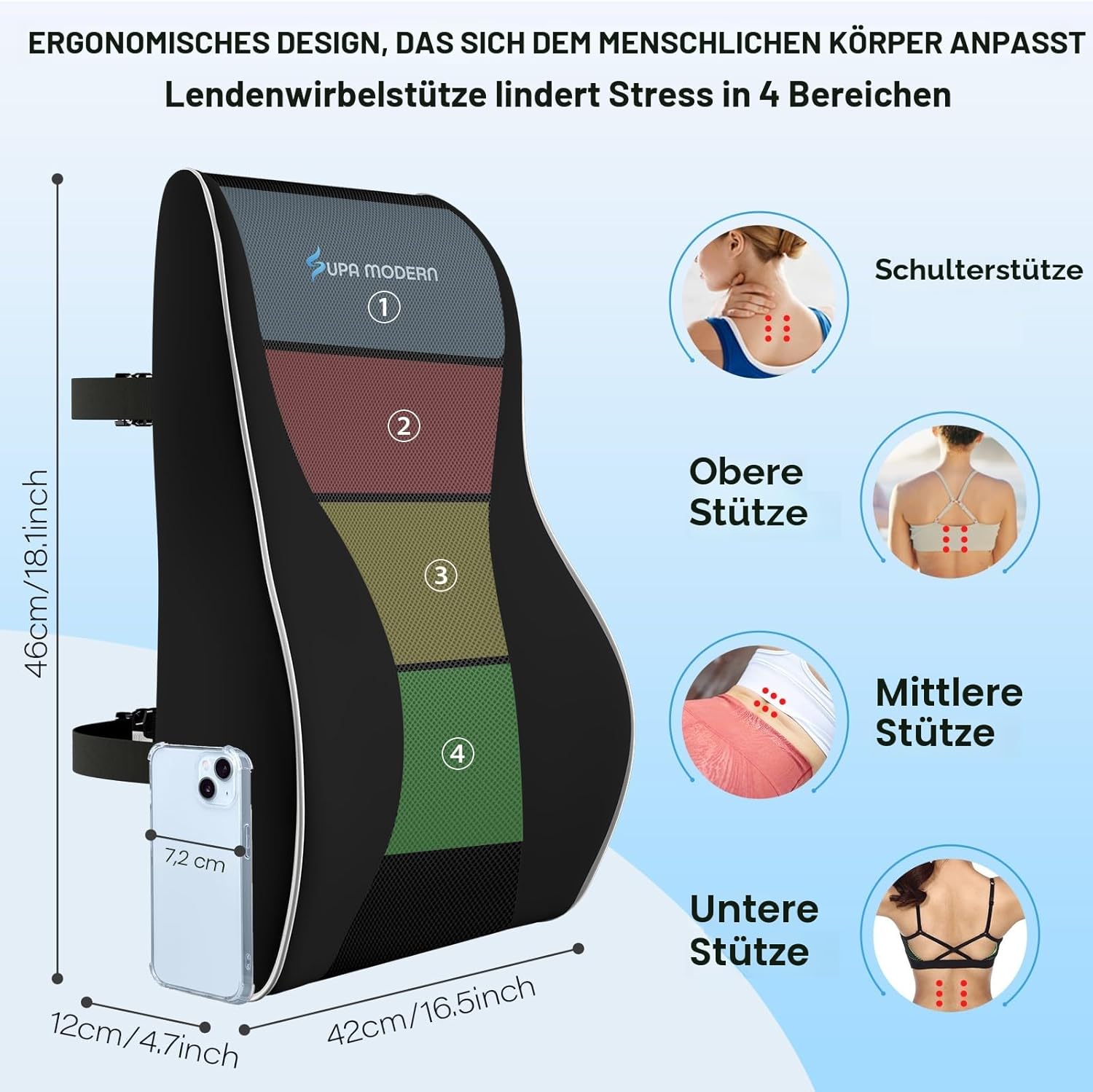 SUPA MODERN Lendenwirbelstützkissen für Bürostühle, Memory-Schaum-Rückenkissen, Lendenwirbelstützkissen für Autositze mit atmungsaktivem Bezug und verstellbaren Trägern – Bild 3