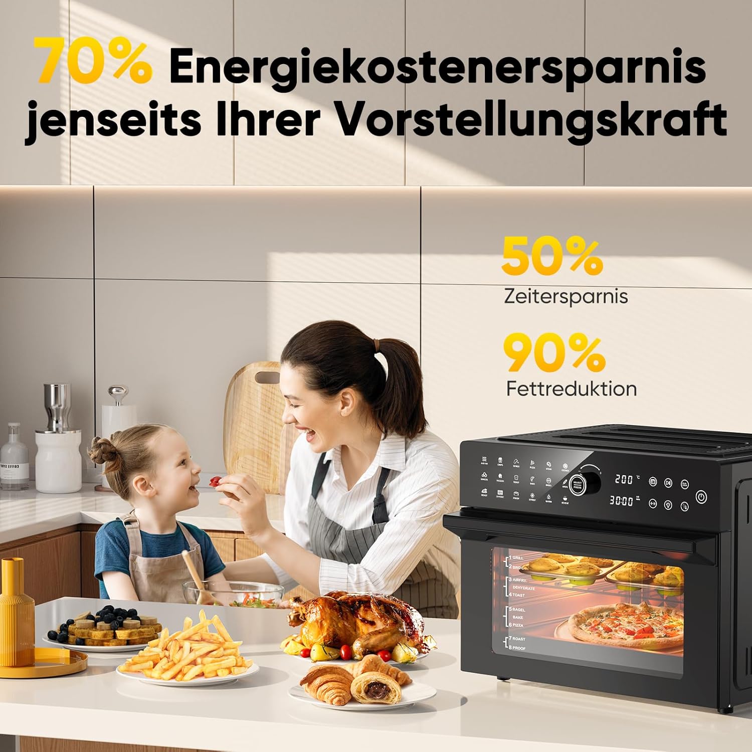 30L Heißluftfritteuse XXL Minibackofen mit LED-Touchscreen, Minibackofen mit Konvektionsluft mit 20 Programmen und zwei Garmodi, 1800W Heißluftfritteuse Heißluftfritteuse ohne Öl, 8 Stunden Timer, Rezeptbuch, 7 Anhänge – Bild 6