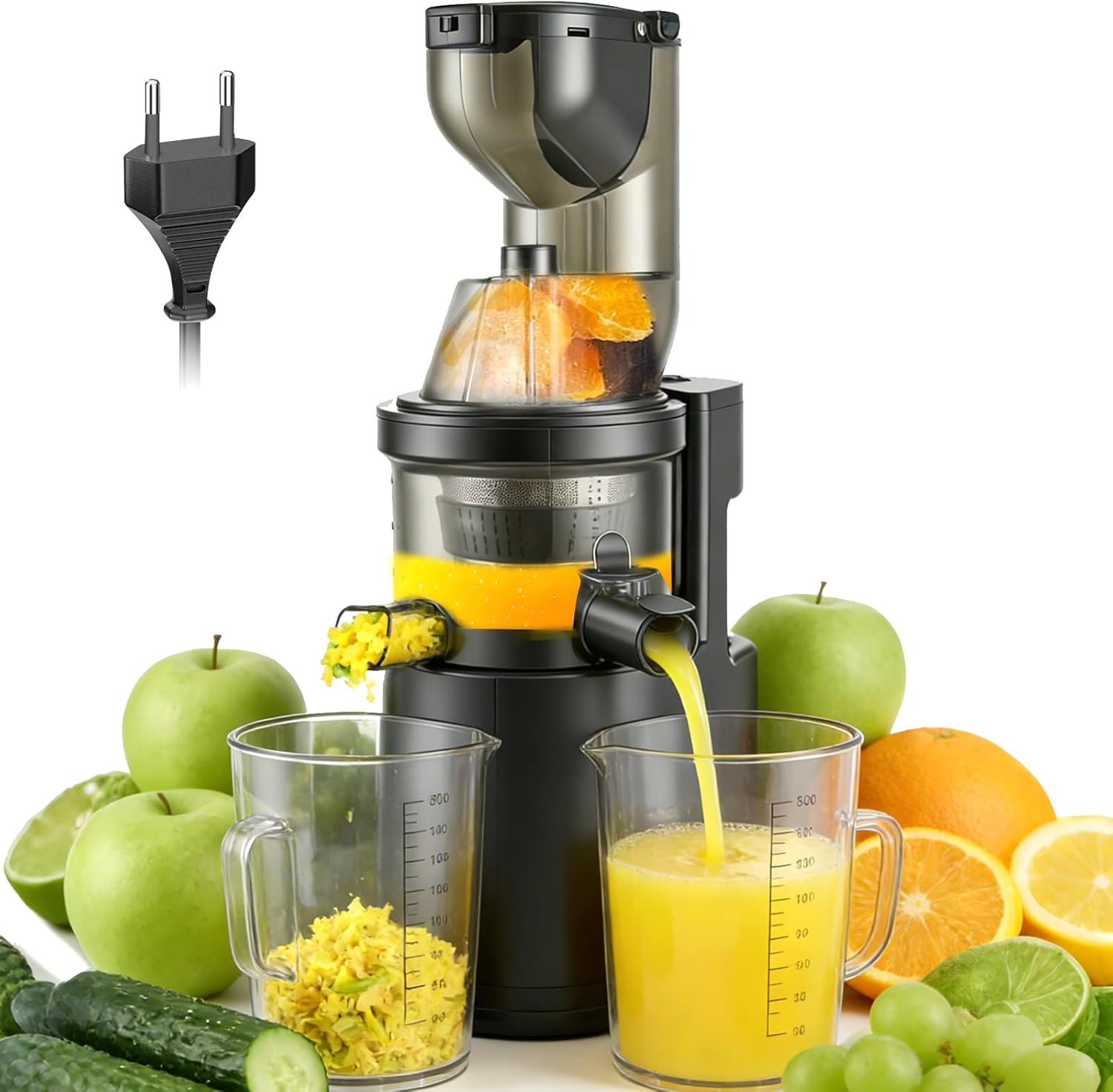 Slow Juicer 500 W, elektrischer Entsafter mit 125 mm breitem Einfüllrohr, Entsafter Gemüse und Obst Testsieger für ganze Früchte und Gemüse, BPA-frei, inklusive 2 Behältern, Pinsel und Saftrezepten – Bild 9
