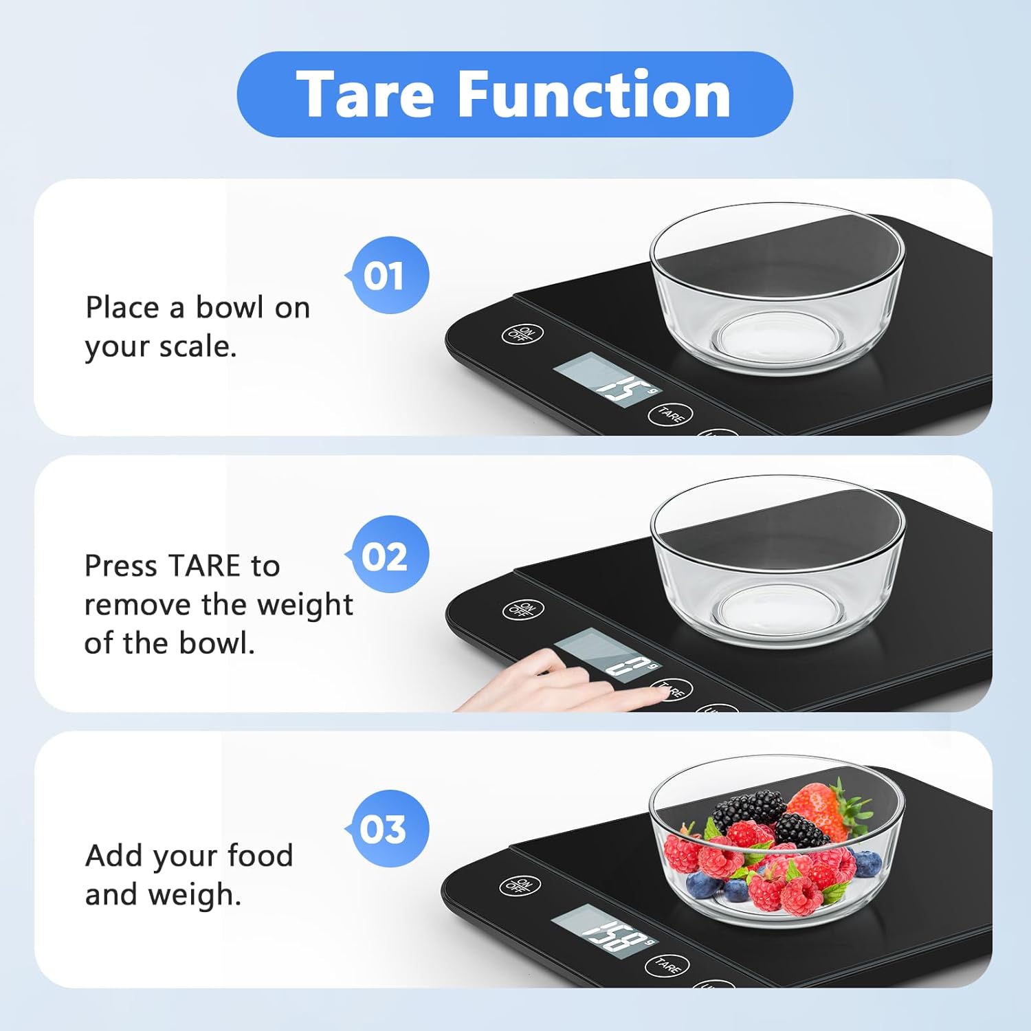 Digitale Küchenwaage, 10 kg Fassungsvermögen, Sicherheitsglas, einfache Tarafunktion, großes LCD-Display, perfekt zum Kochen, Backen und Essenszubereiten – Bild 3