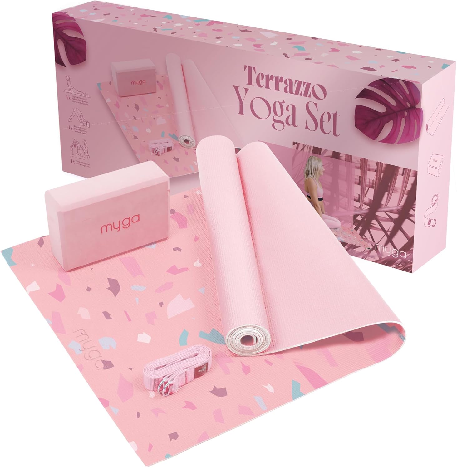 Myga Yoga Starter Kit, Komplettset mit Yogamatte, Yogablock & Gurt, rutschfest & unterstützend, ideal für Anfänger & Zuhause sowie auf Reisen, verschiedene Druckdesigns