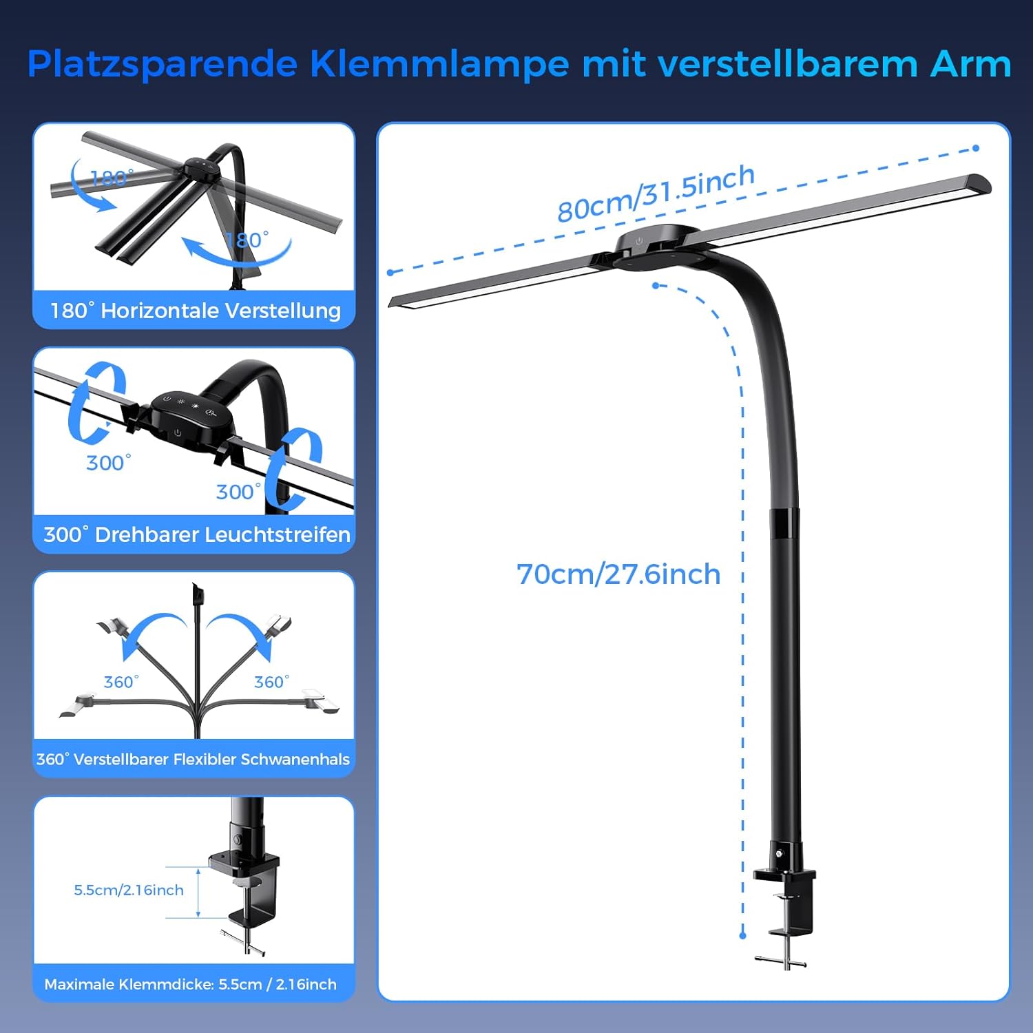 Schreibtischlampe LED Dimmbar - 1400LM 24W Doppelkopf Klemmbar Büroschreibtischlampe mit Fernbedienung, 80CM Schwanenhals Schreibtisch Lampe Tageslichtlampe mit Ladefunktion, Schwarz T01 – Bild 7