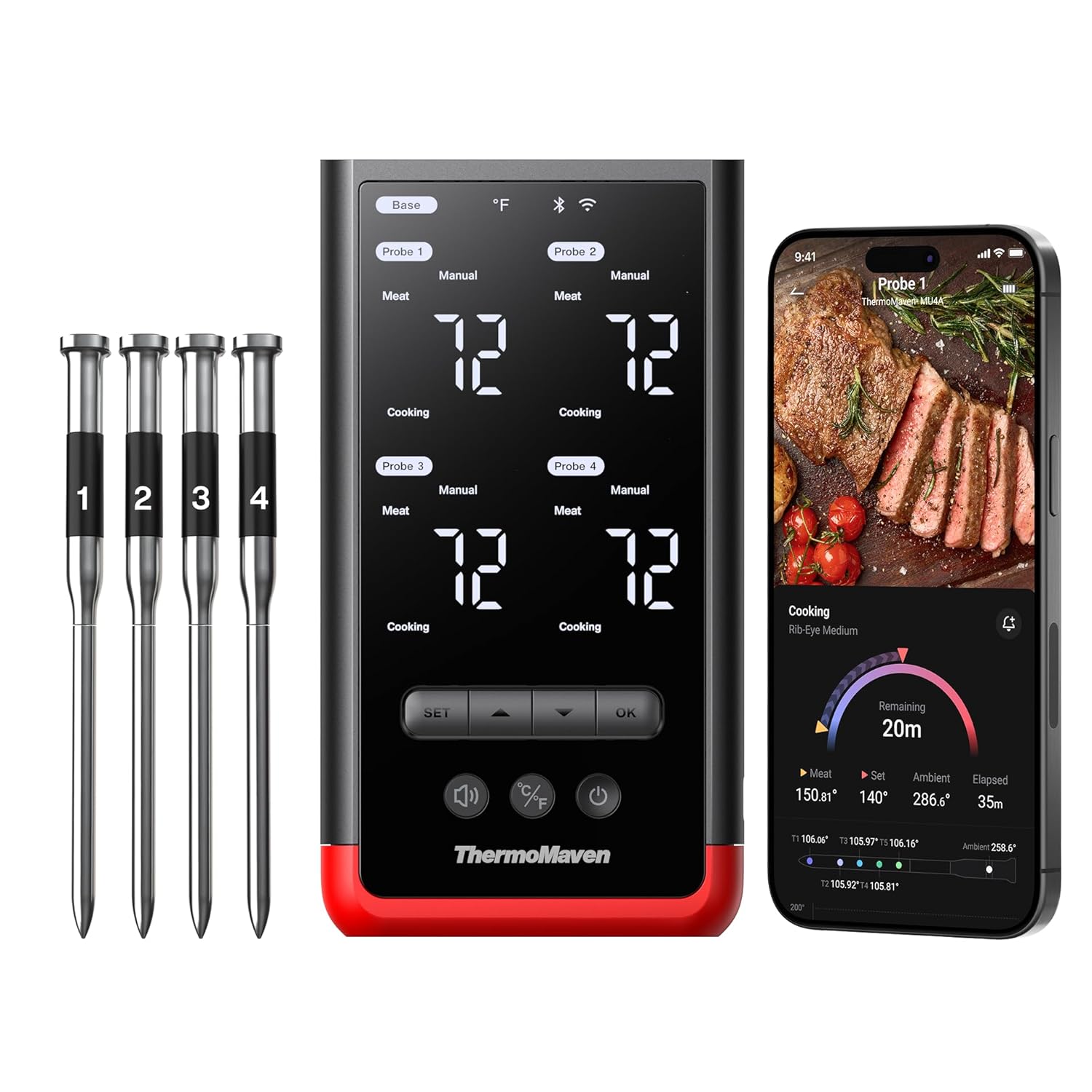 ThermoMaven P4 Fleischthermometer kabellos – 4 Sonden, 6 Sensoren, WLAN und Bluetooth 5.3, ±0,3 °C präzise, IPX8 wasserdicht, App-Steuerung, NIST- und NSF-zertifiziert, Grillthermometer, Bratenthermometer