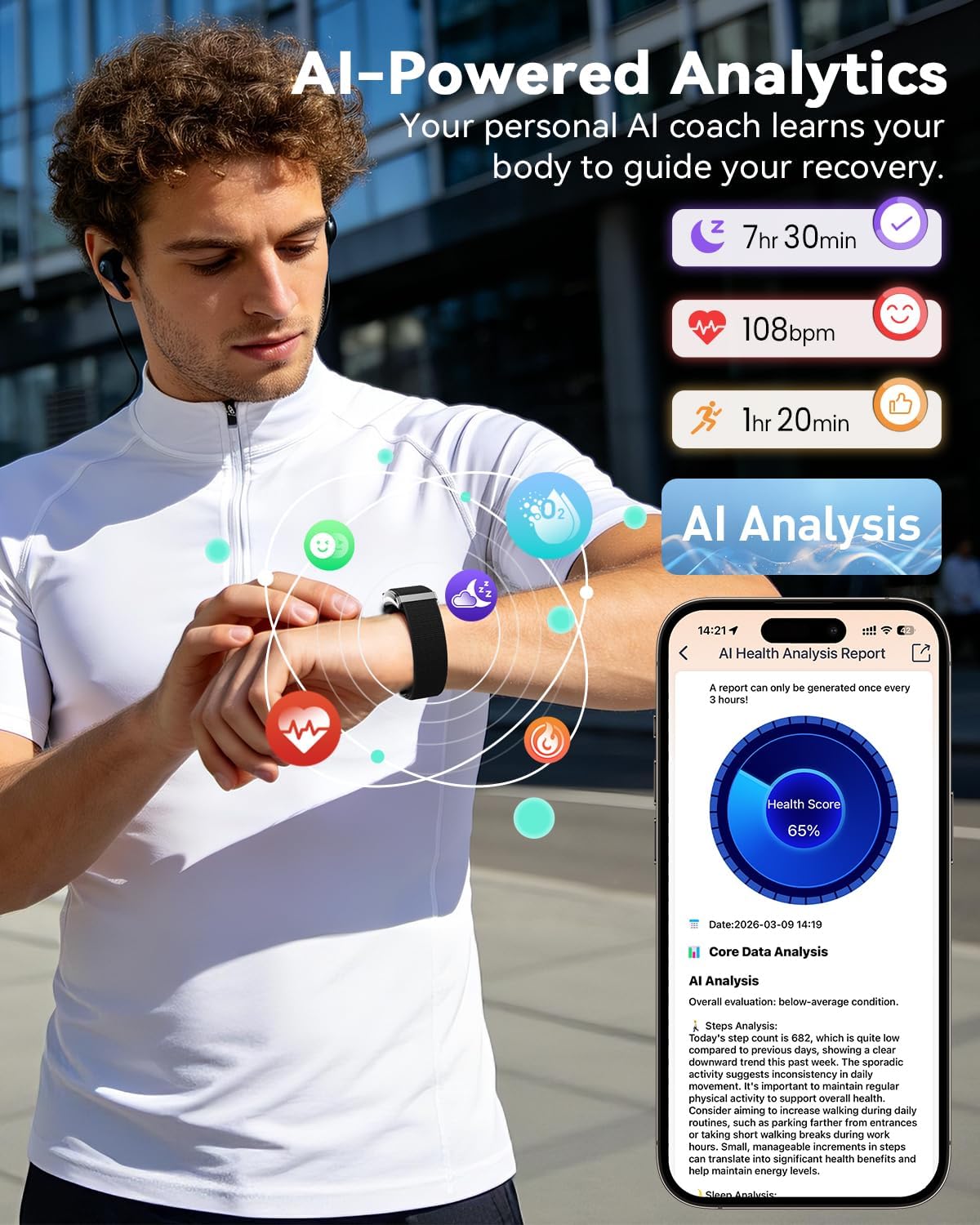 Fitness-Tracker ohne Display, Smartband, 24/7-Aktivitäts-Schlaf-Tracker mit Herzfrequenz, Menstruationszyklus, SpO2, Schrittzähler mit 35-Tage-Akku, 120+ Sportmodi, AI-Analyse, IP68 wasserdicht, Nr – Bild 4