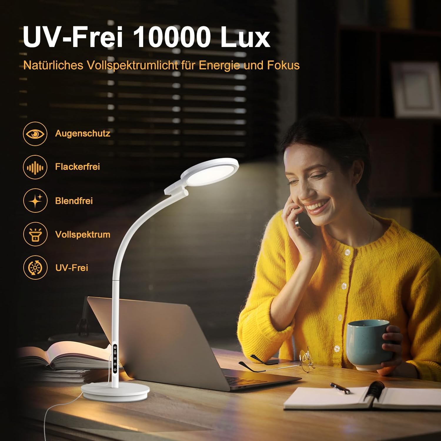 Tageslichtlampe Stehlampe 10000 Lux, 3-in-1 UV-freie Lichttherapielampe mit Touch-Steuerung und Fernbedienung, 5 Farben & 5 Helligkeitsstufen Sonnenlichtlampe für Büro/Zuhause – Bild 2