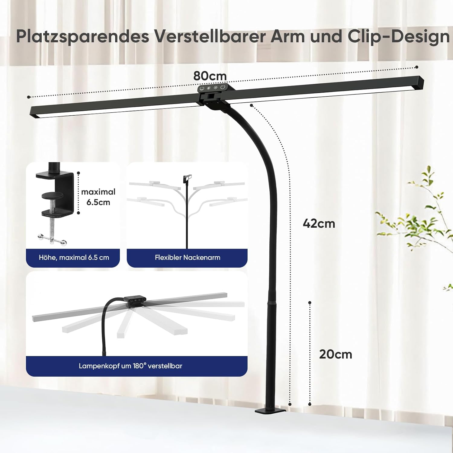 vatato Doppelkopf-LED-Schreibtischlampe mit RGB, 24 W dimmbare Schreibtischlampe mit Fernbedienungen, klemmbare Tageslichtlampe mit stufenloser Dimmung und Farbe, Büro-Tischlampe für Zuhause und Büro (schwarz) – Bild 6