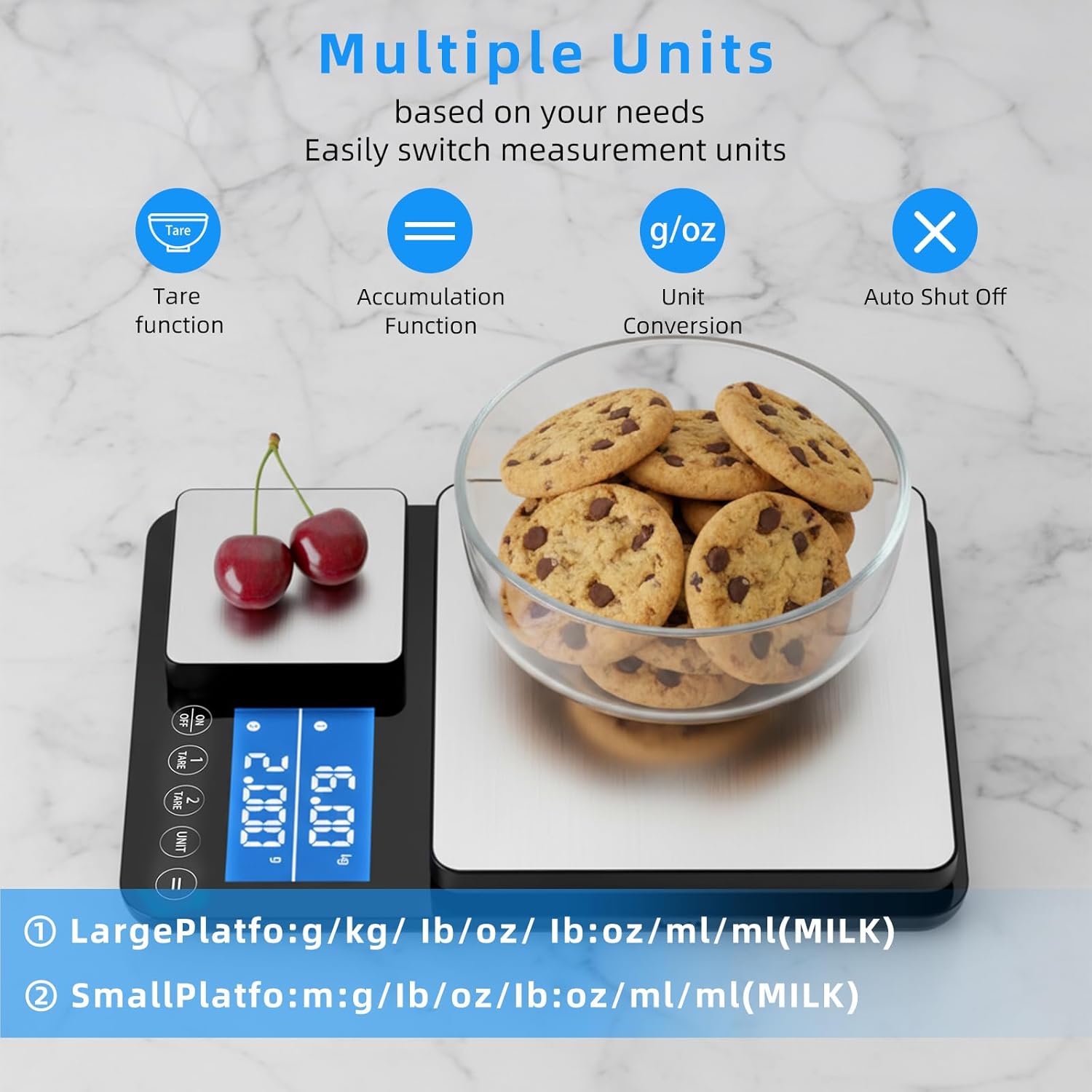 Diyife Küchenwaage mit 2 Plattformen, multifunktionale Küchenwaage digital 15 kg/1 g & 500 g/0,01 g, Präzisionswaage mit 7 Einheiten, LCD-Display, Tara-Abschaltautomatik, intelligente Gewichtskumulation – Bild 3