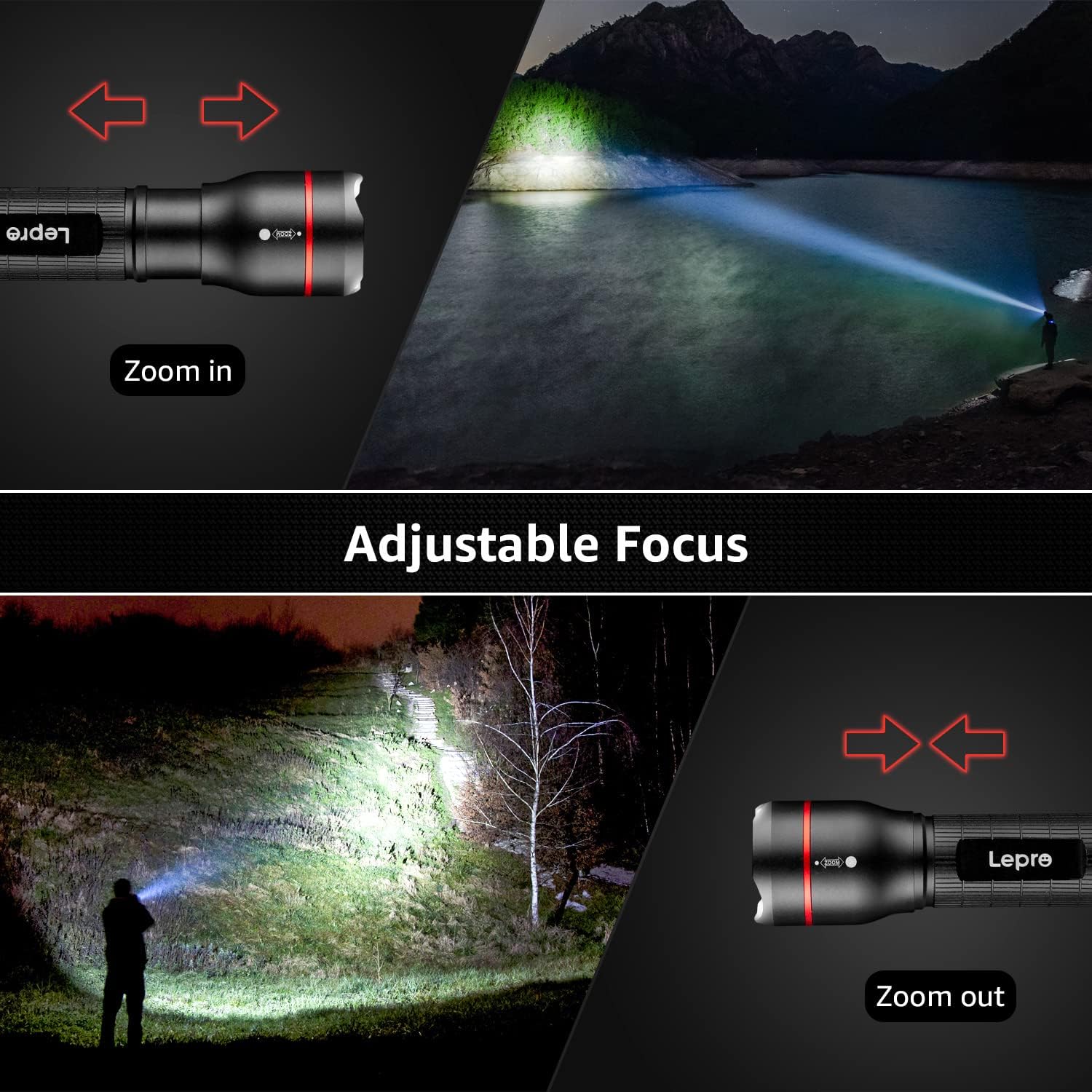 Lepro LED-Taschenlampe, LE2000, extrem helle kleine Taschenlampen, batteriebetrieben mit 5 Modi, zoombare Camping-Handlampe, wasserdicht, praktische Taschenlampe für draußen, Wandern, Angeln, Hundespaziergang – Bild 4