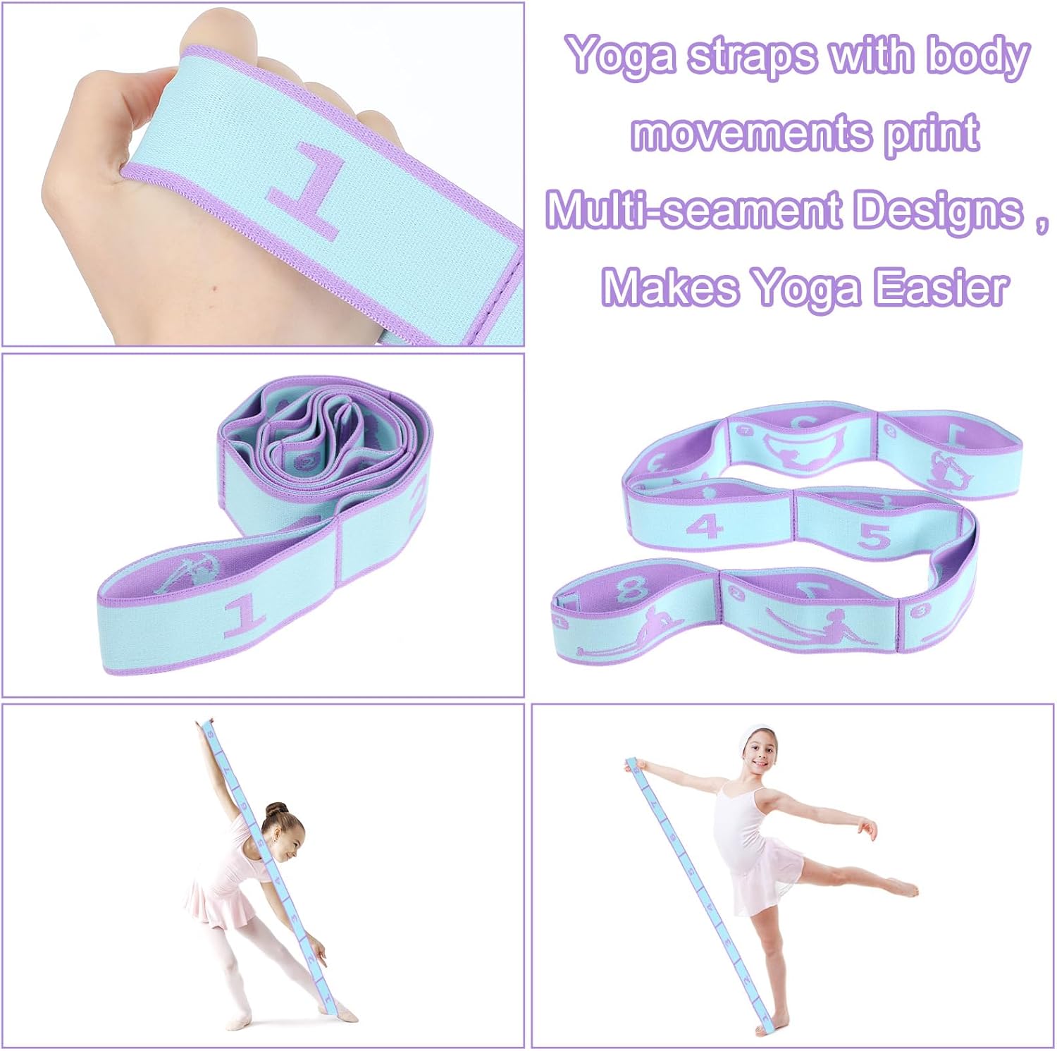 Yoga-Stretchgurt, Abeillo Yoga-Stretchgurt mit 8 Schlaufen, Yoga-Zubehör, Fitnessbänder, Widerstandsbänder, Gymnastikband, elastisch für Pilates, Tanz, Gymnastik, effektives Dehnen (lila). – Bild 4