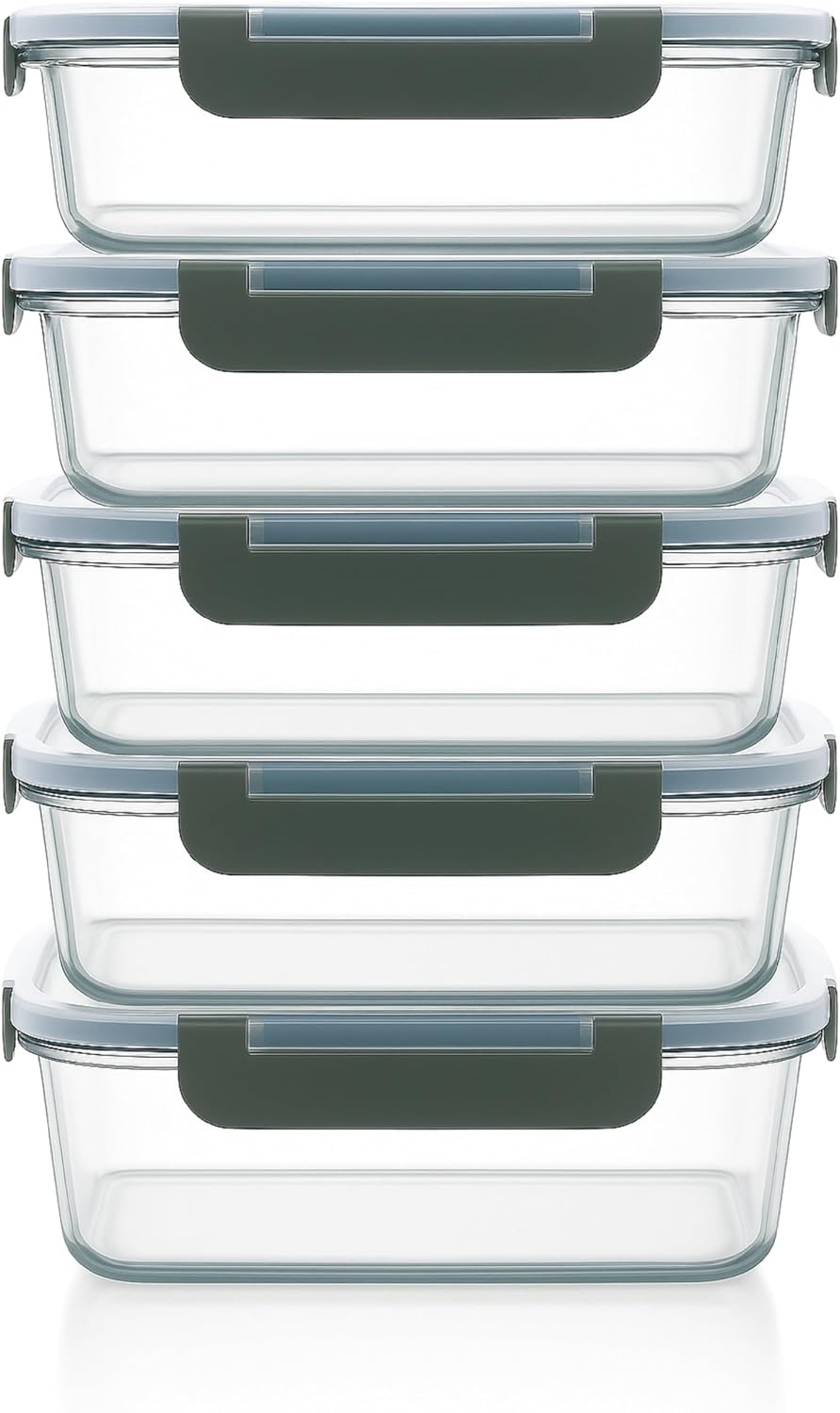 Visario Frischhaltedosen aus Glas, 5er-Set – 5 x 1040 ml | Große Glasbehälter mit Deckel | Borosilikatglas | Luftdicht und auslaufsicher | BPA-frei | Mikrowellen-, ofen- und spülmaschinenfest