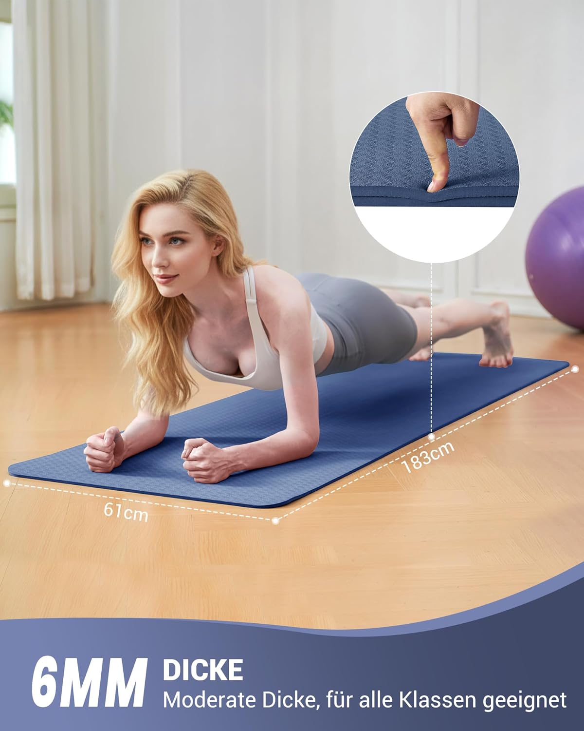 Good Nite Yogamatten für Damen, rutschfeste strukturierte Oberflächen, Gymnastikmatte, 6/10 mm Stärke mit Tragegurt, TPE-Trainingsmatte für Yoga, Pilates, Gymnastik (183 x 61 cm). – Bild 2
