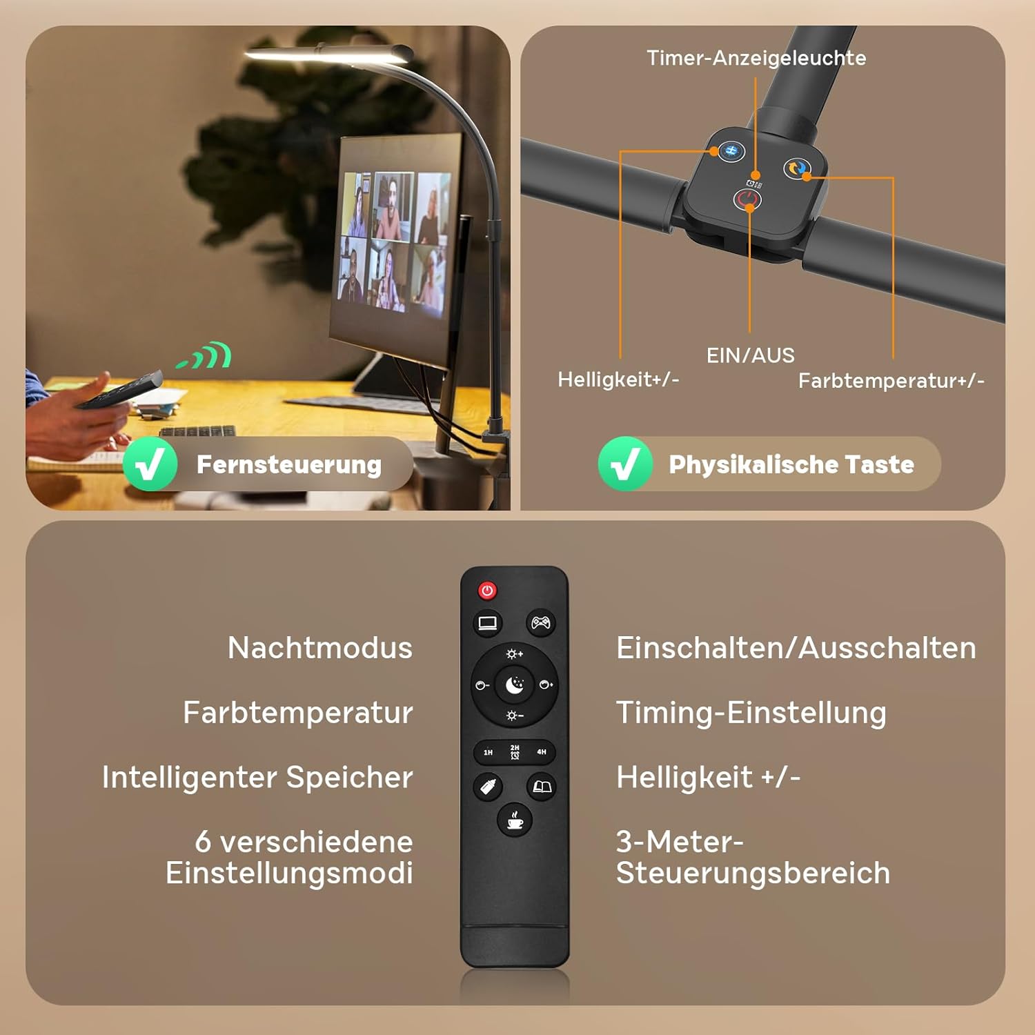 Doppelkopf Schreibtischlampe LED Dimmbar 24W 80cm Klemmbar Tageslichtlampe Schreibtischlampe Schwanenhals Büro Tischlampe Augenschutz Arbeitsplatzleuchte Monitorlampe, Schwarz – Bild 4