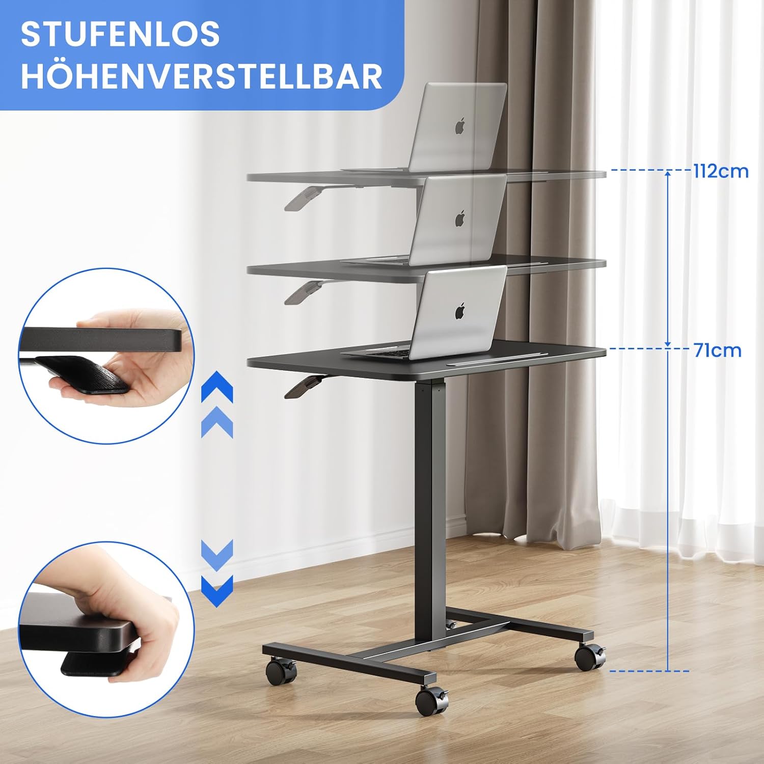 Dripex Computertisch höhenverstellbar mit Rollen, Aussparung für Tablet oder Handy, Stehsitz, PC-Tisch, kleiner Schreibtisch, mobiler Stehschreibtisch, Pflegetisch, Beistelltisch, Schwarz – Bild 4