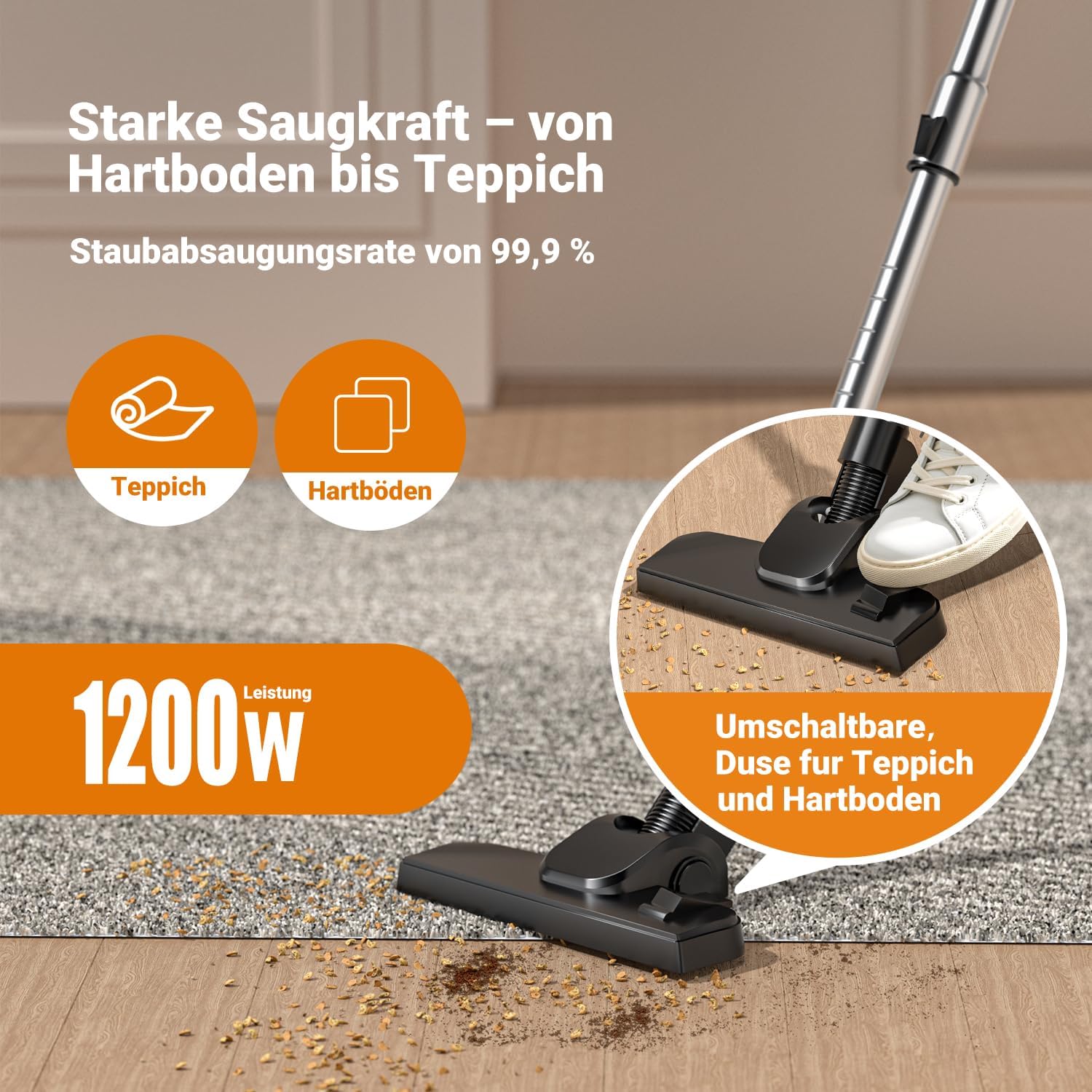 Staubsauger ohne Beutel, 1200 W, starke Saugleistung, kompakter leichter Staubsauger ohne Beutel, leise – Bild 3
