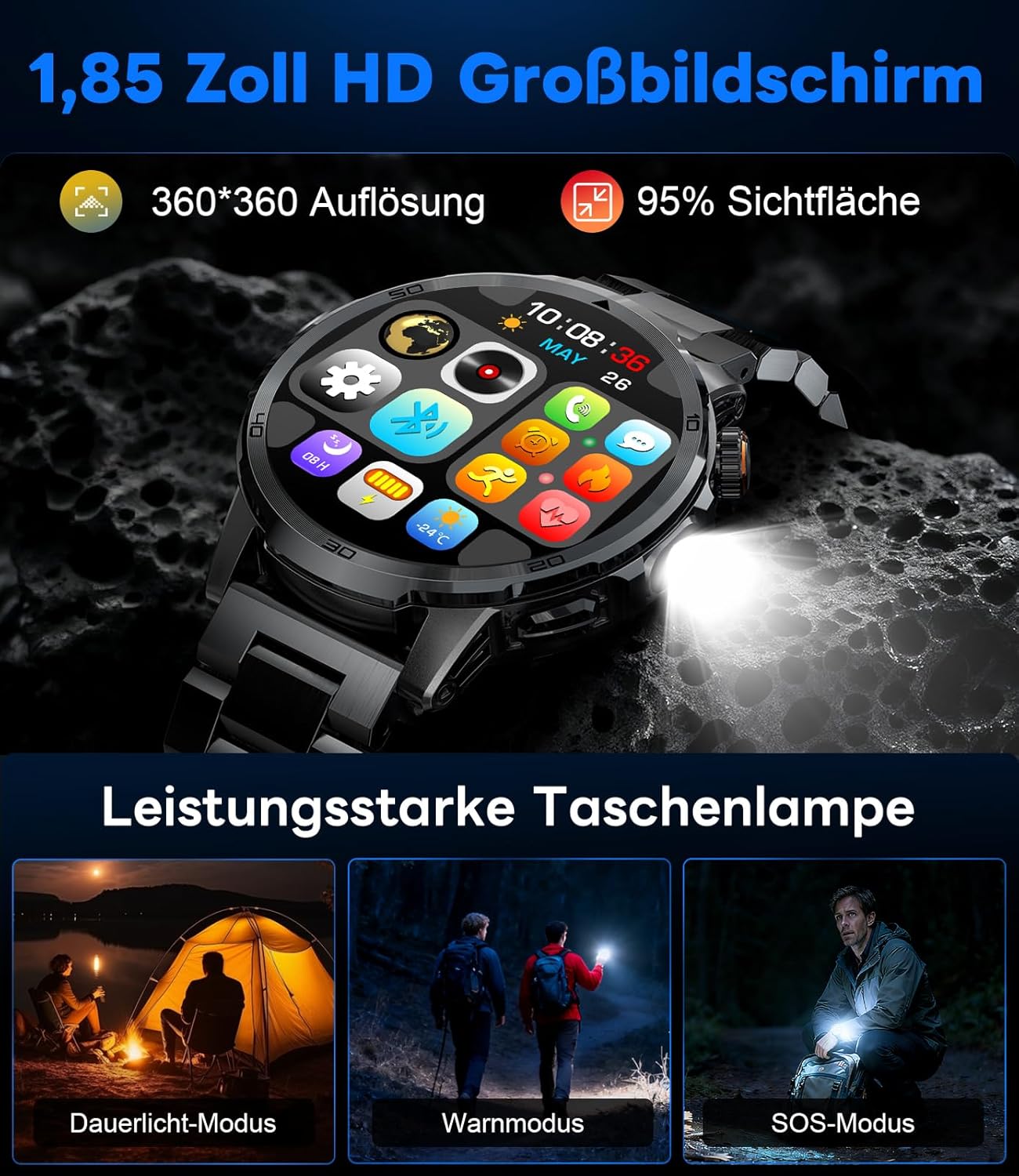 FEELNEVER Militär-Smartwatch für Herren mit 1000 mAh/1,85 Zoll HD großem Touchscreen/LED-Licht, Fitnessuhr mit 2 Armbändern, 110+ Sportmodi, Herz-/Schlaf-Tracking, IP68 wasserdicht, Uhr für iOS/Android, Schwarz – Bild 2