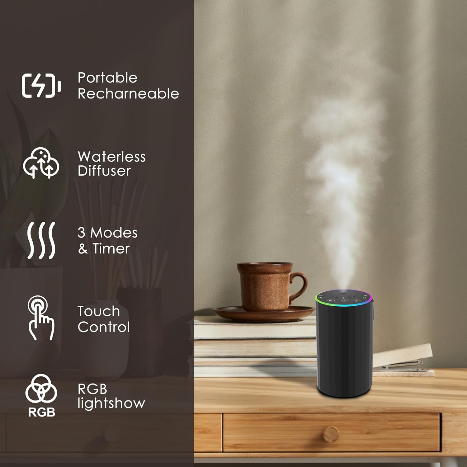 Wasserloser Diffusor, tragbarer Aromadiffusor kabellos, LED-Umgebungsbeleuchtung, wiederaufladbarer USB-Aromadiffusor, 3 Countdown-Timer, 3 Nebelstufen, Aluminiumlegierung (schwarze LED) – Bild 3