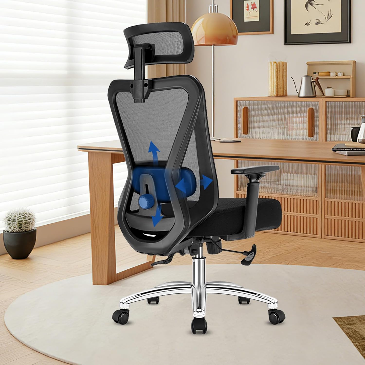 Durrafy Ergonomischer Bürostuhl mit Lordosenstütze, verstellbarer Kopfstütze und Armlehnen, 3-stufiger Neigungsverriegelung, rückenschonender Schreibtischstuhl bis 150 kg für Büro und Home Office – Bild 2