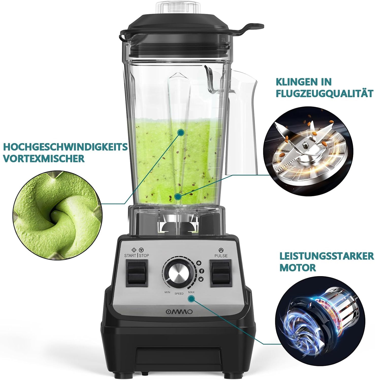 OMMO 1,8 L Standmixer Hochleistungsmixer, Smoothie Maker, 300 ml To-Go-Becher, 6-Wege-Metallmesser, Pulse-Funktion, max. 1800 W, Becher BPA-frei, Eis-Crusher, Protein-Shake-Mixer – Bild 3